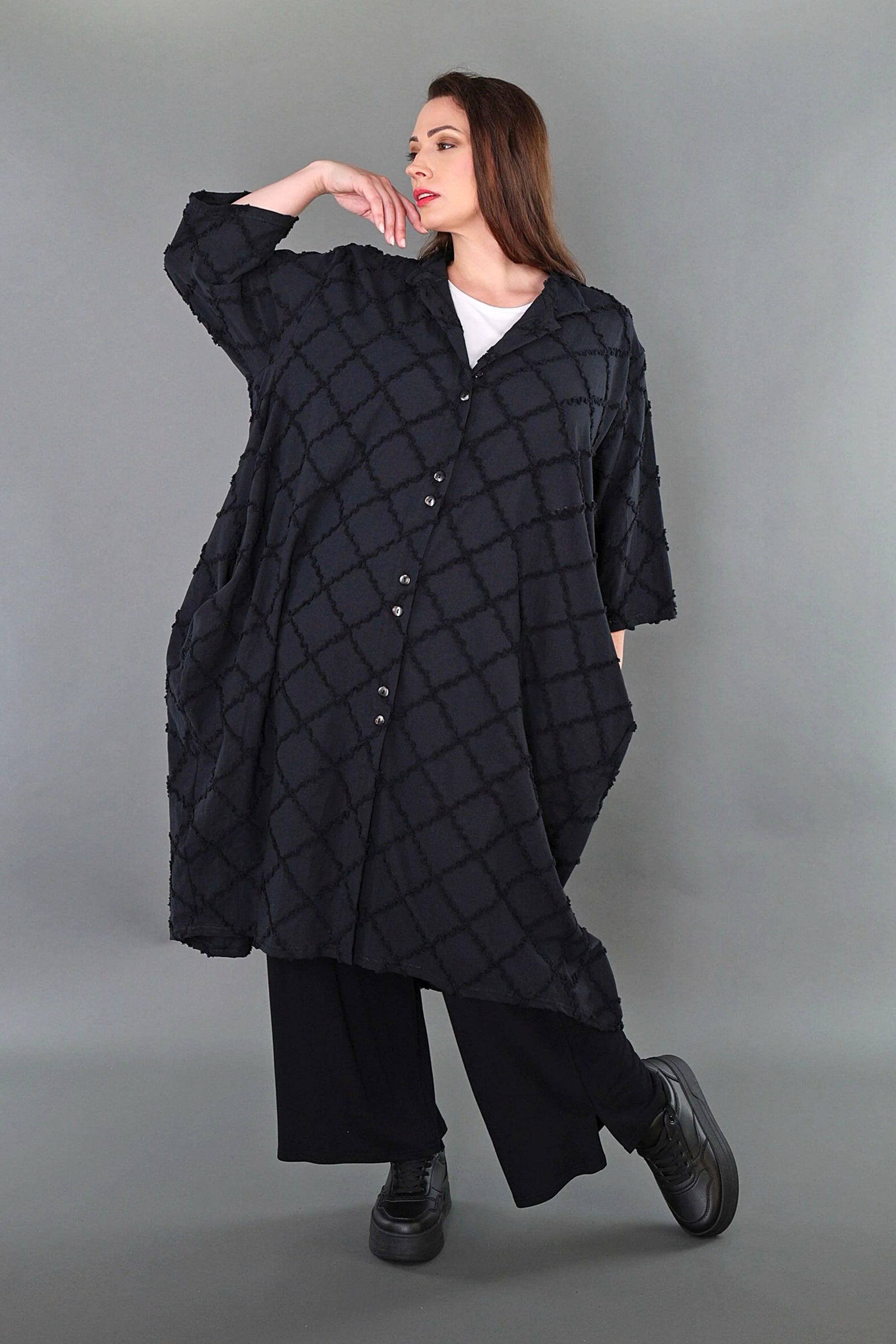 Ballon Bluse von AKH Premium aus Baumwolle, P1004.7117, Schwarz, Raute, Ausgefallen