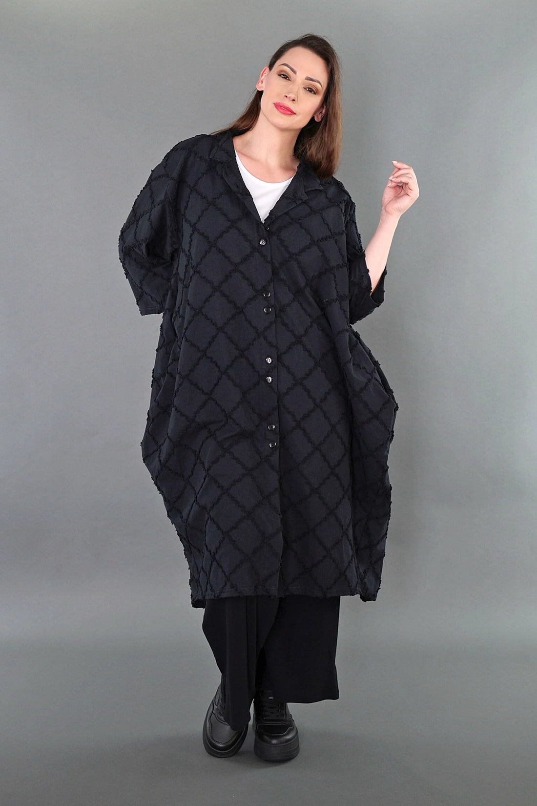  Ballon Bluse von AKH Premium aus Baumwolle, P1004.7117, Schwarz, Raute, Ausgefallen