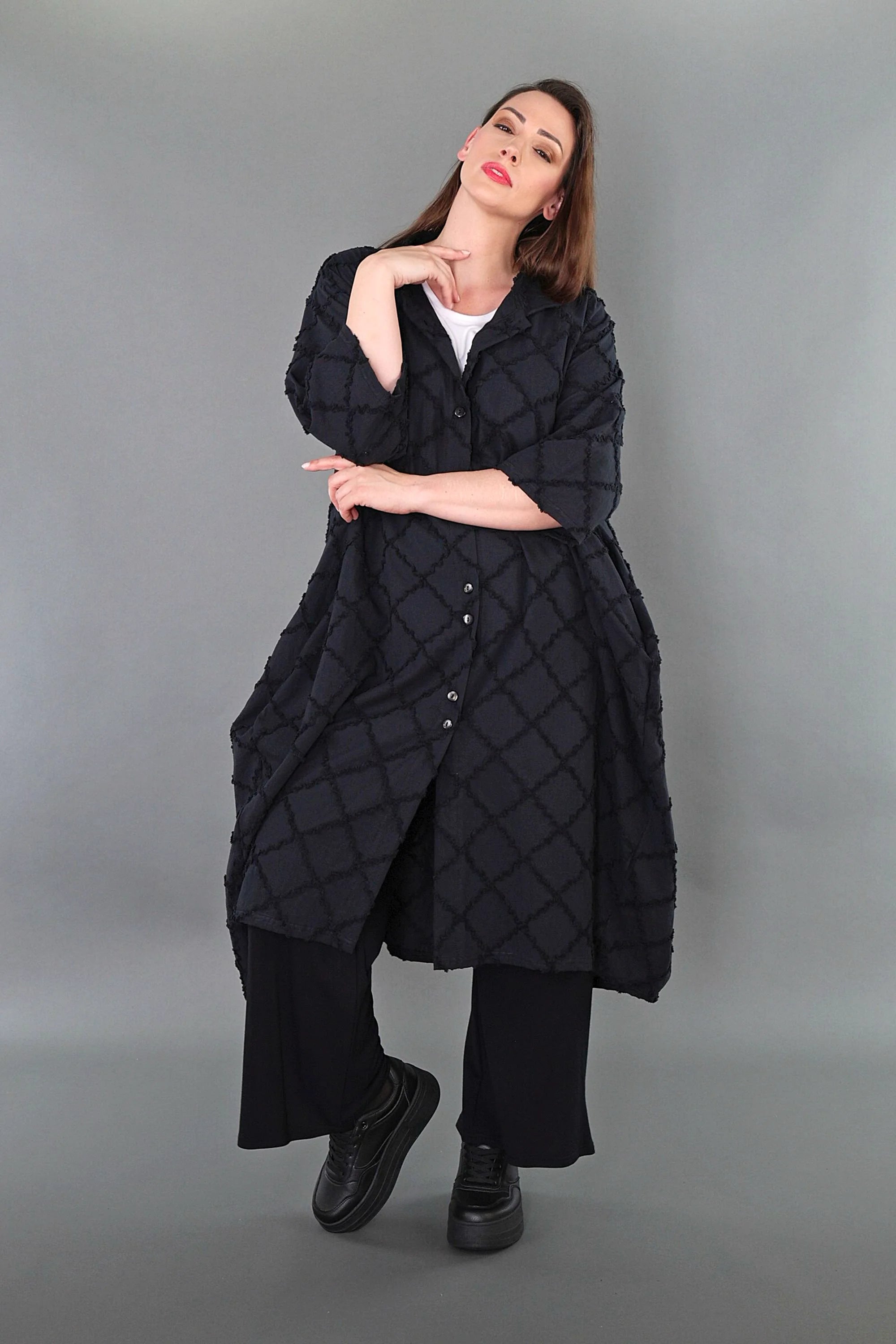  Ballon Bluse von AKH Premium aus Baumwolle, P1004.7117, Schwarz, Raute, Ausgefallen