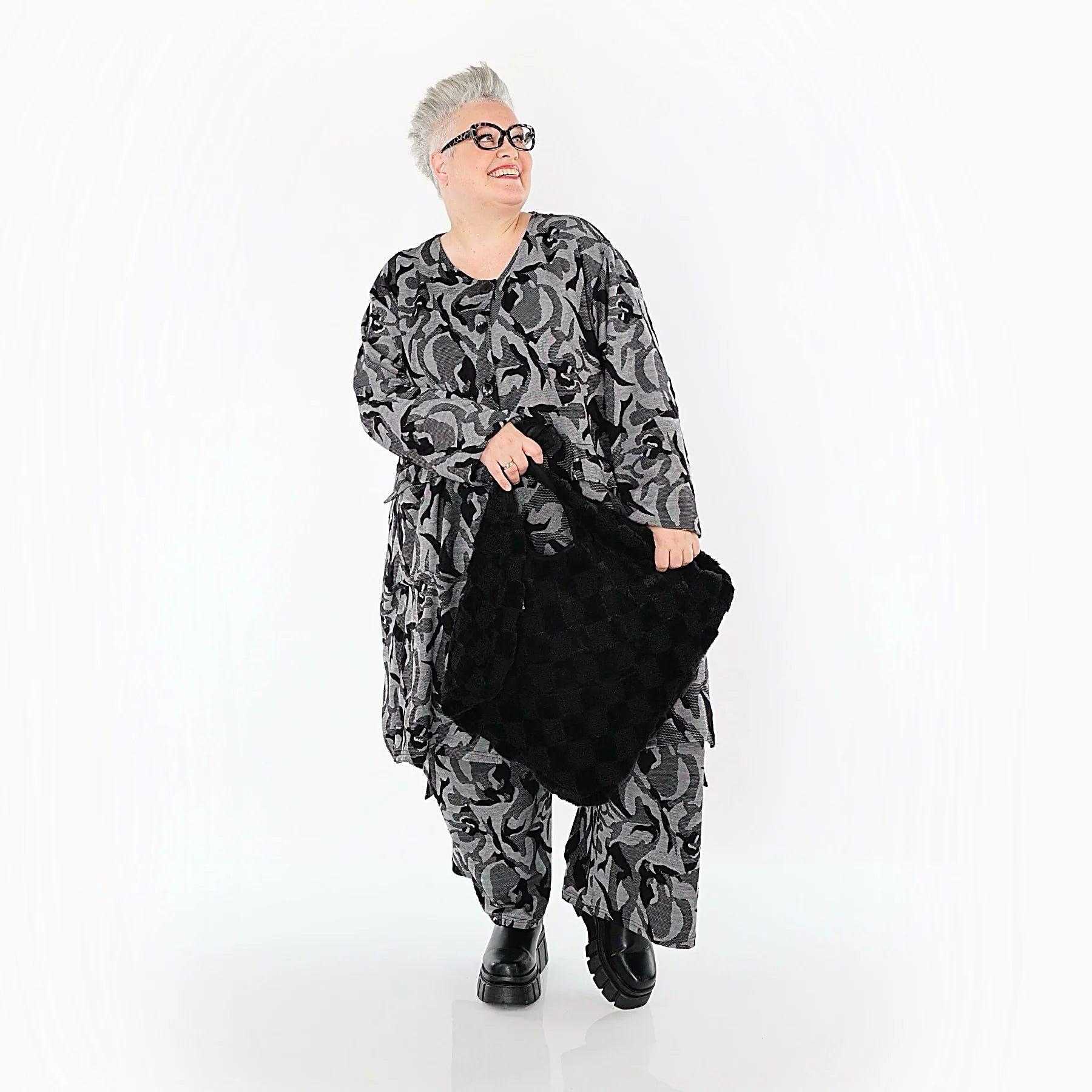 Ballonjacke von AKH Premium aus Viskose, P1012.7140, Grau/Schwarz, Wellen, Ausgefallen