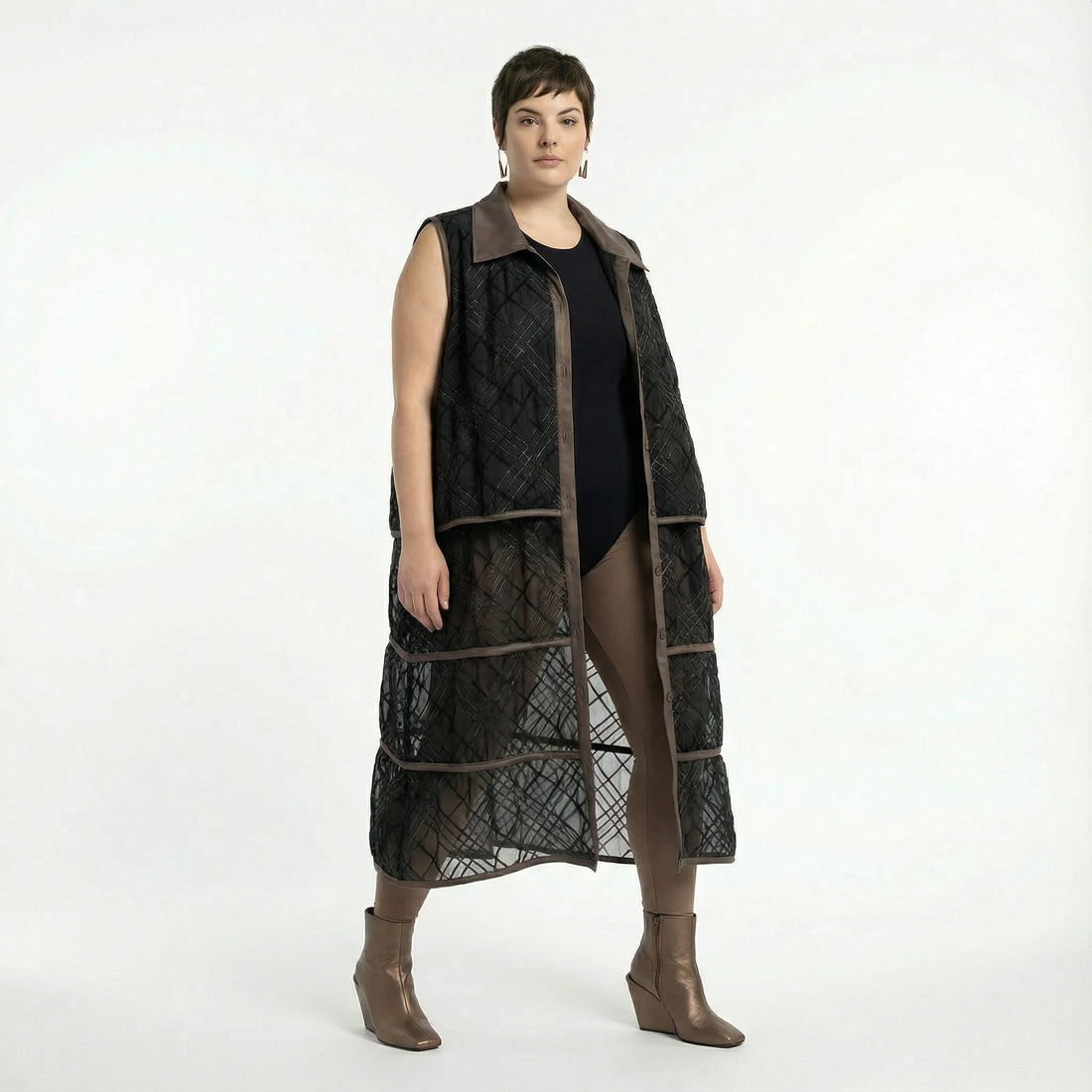  A-Form Weste von AKH Premium aus Materialmix, P1028.7120, Schwarz-Braun, Ausgefallen