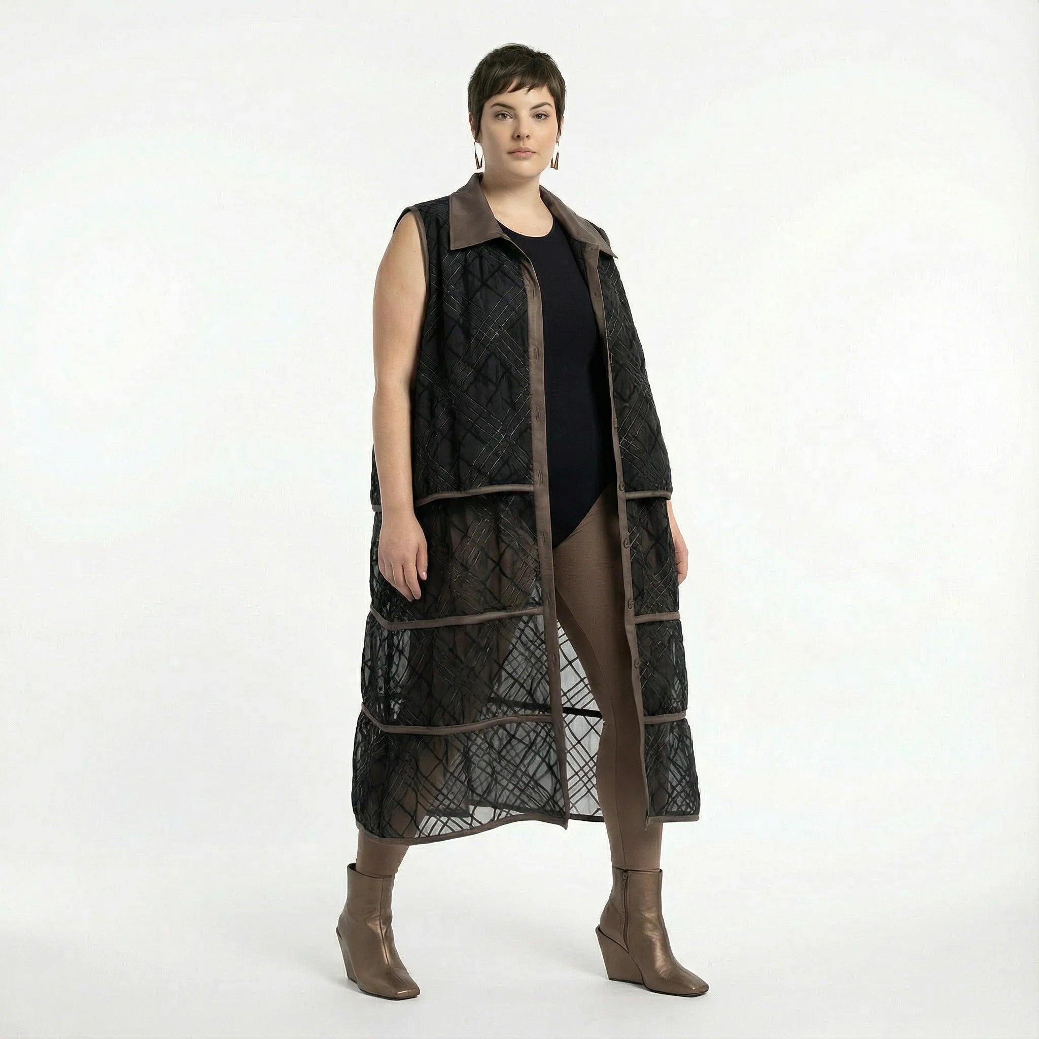  A-Form Weste von AKH Premium aus Materialmix, P1028.7120, Schwarz-Braun, Ausgefallen