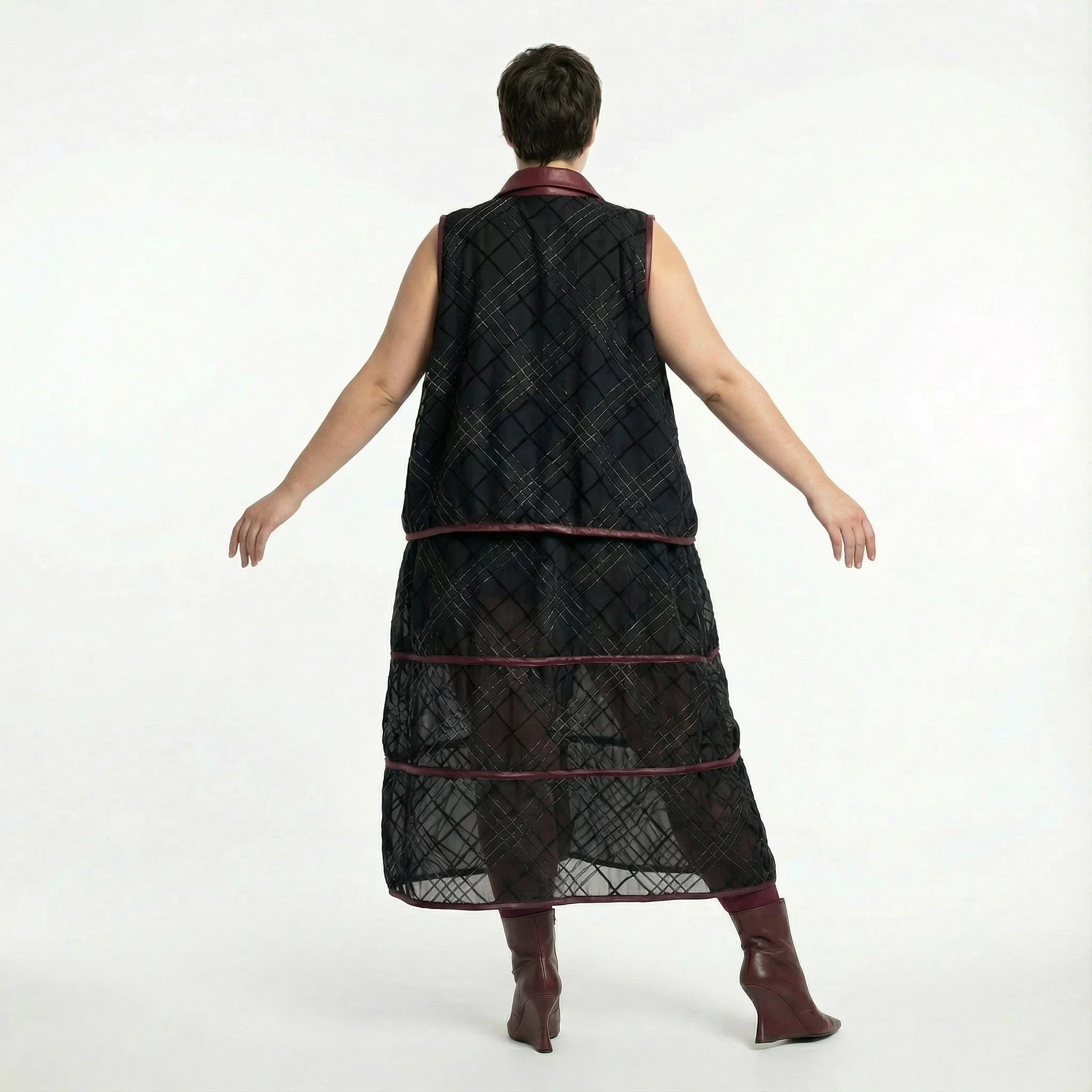  A-Form Weste von AKH Premium aus Materialmix, P1028.7120, Schwarz-Weinrot, Ausgefallen