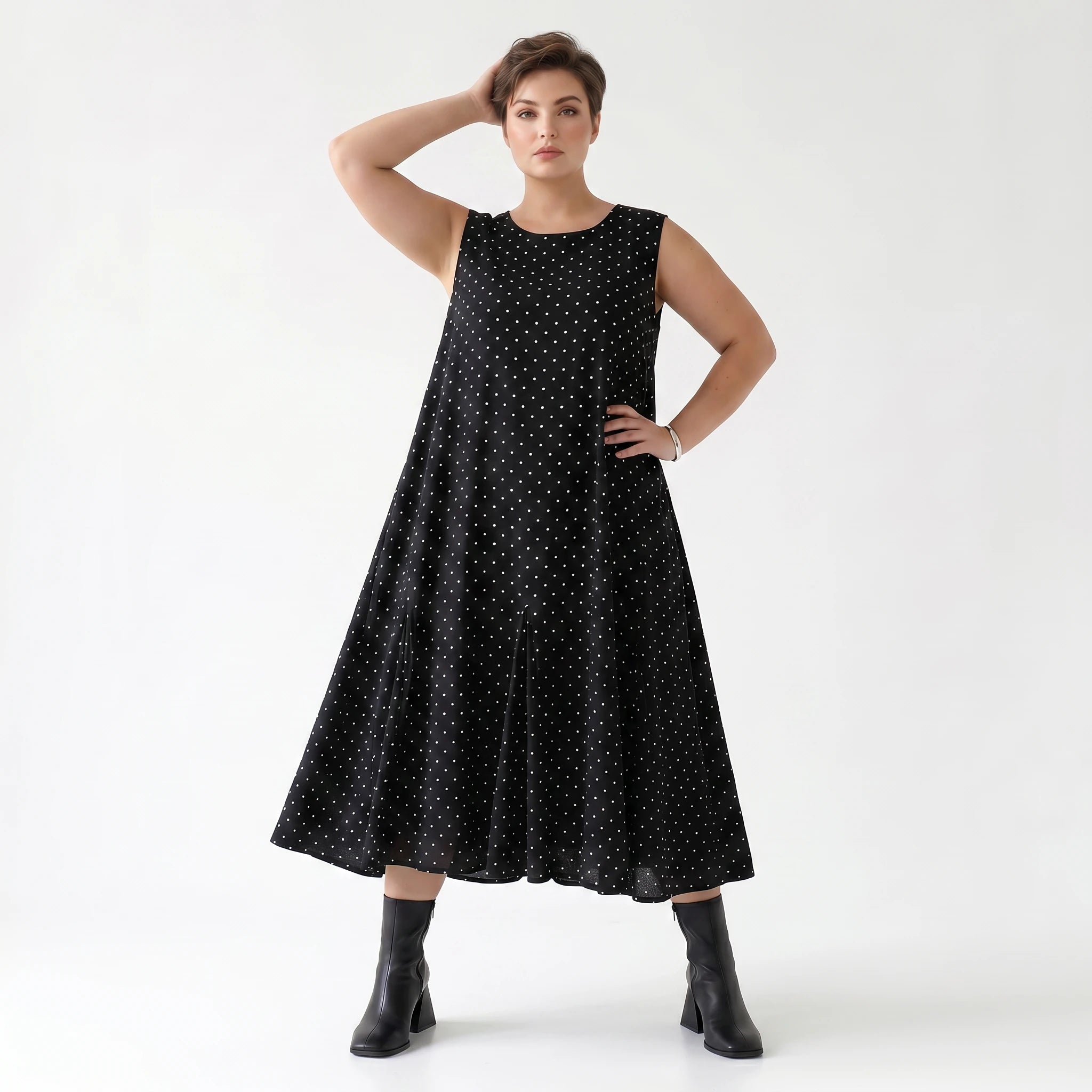 Luftiges Ballon Kleid aus fein leichter Popeline im ausgefallenen Lagenlook mit Punkten, Schwarz/Weiß