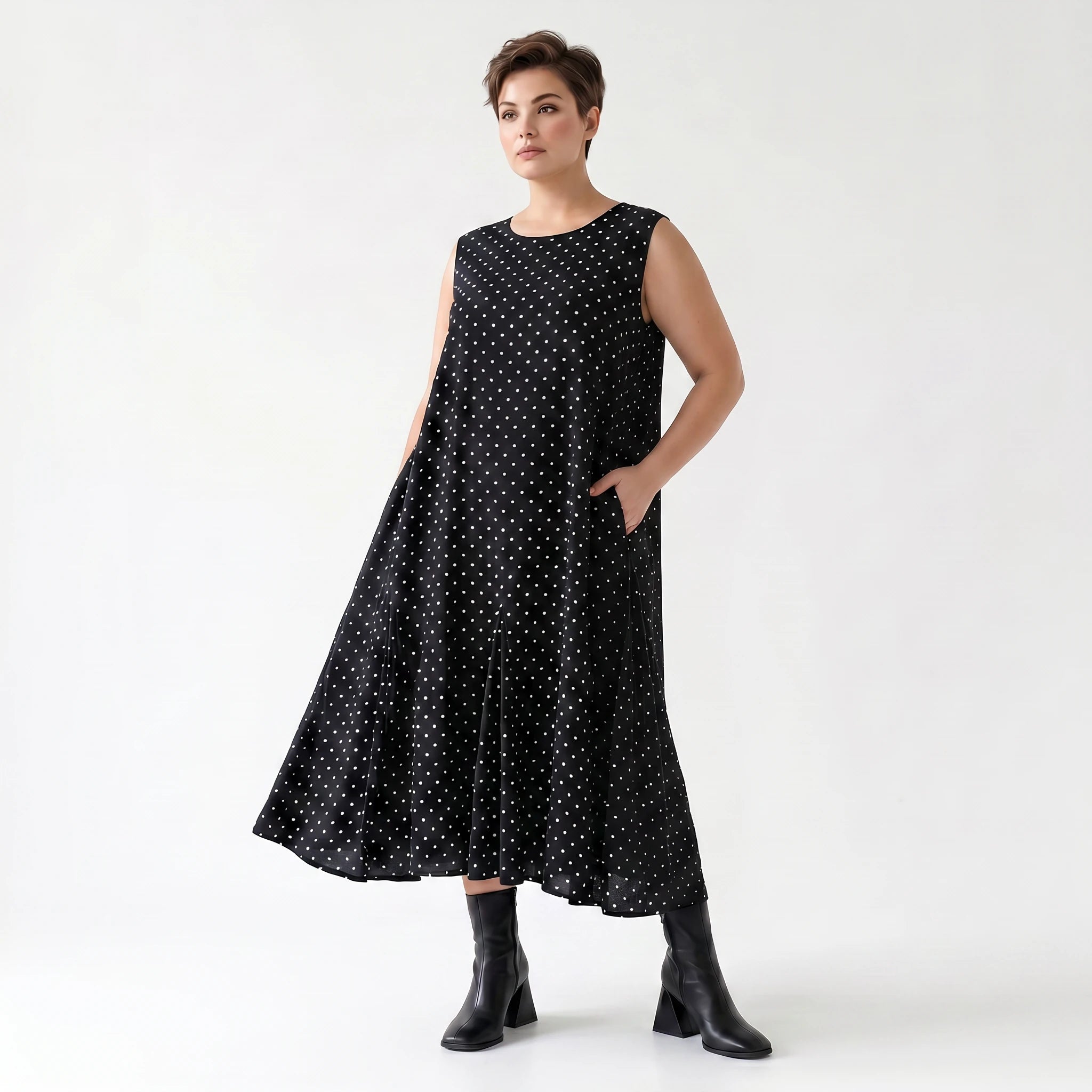 Luftiges Ballon Kleid aus fein leichter Popeline im ausgefallenen Lagenlook mit Punkten, Schwarz/Weiß