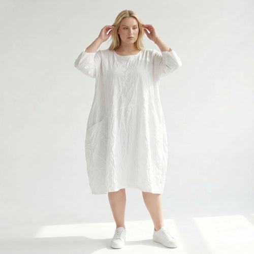 Ausgefallenes Ballonkleid im luftigen Crash Lagenlook aus pflegeleichter Popeline mit Taschen, Weiß