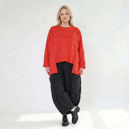Oversize Lagenlook Shirt mit einzigartiger Crash-Optik aus leichter Popeline, kunstvolle Overlocknaht, Rot
