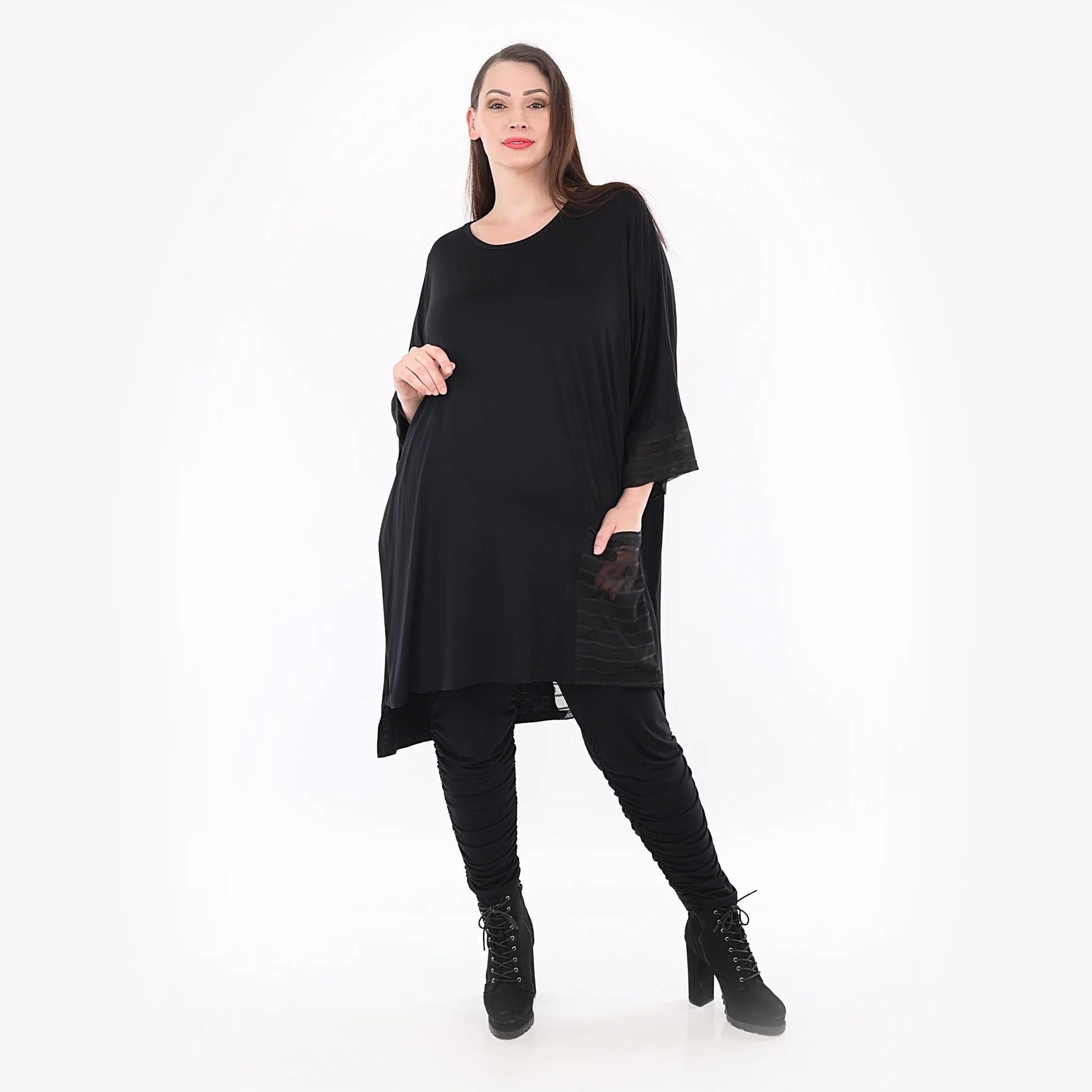  Bigshirt von AKH Fashion aus Materialmix in kastiger Form, 1316.06925, Schwarz, Ausgefallen