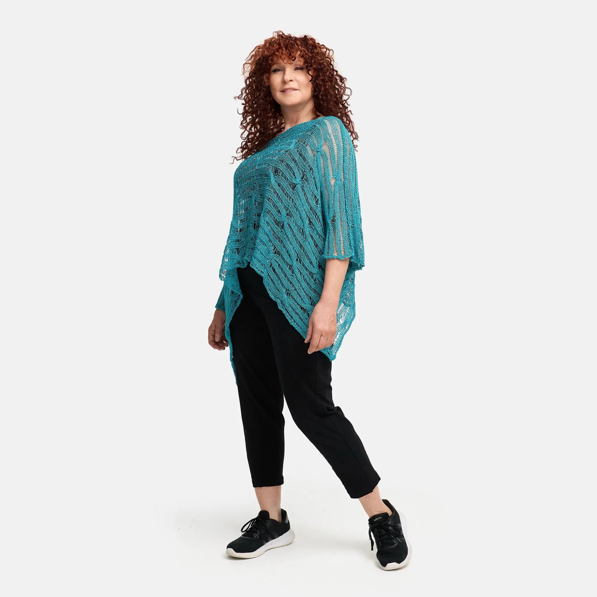  Amandine Pullover in kastiger Form, aus Baumwolle, A2805, Türkis, Schick, Modern, Bequem