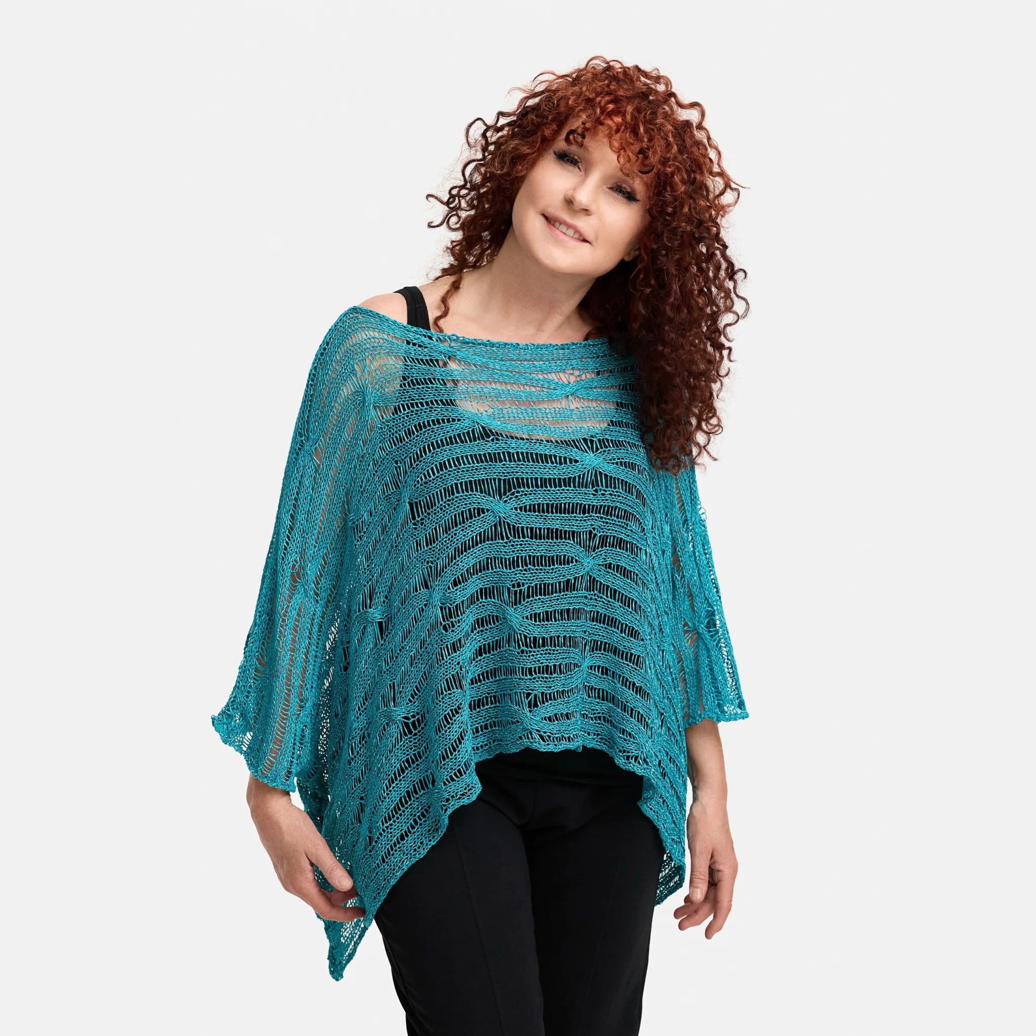  Amandine Pullover in kastiger Form, aus Baumwolle, A2805, Türkis, Schick, Modern, Bequem