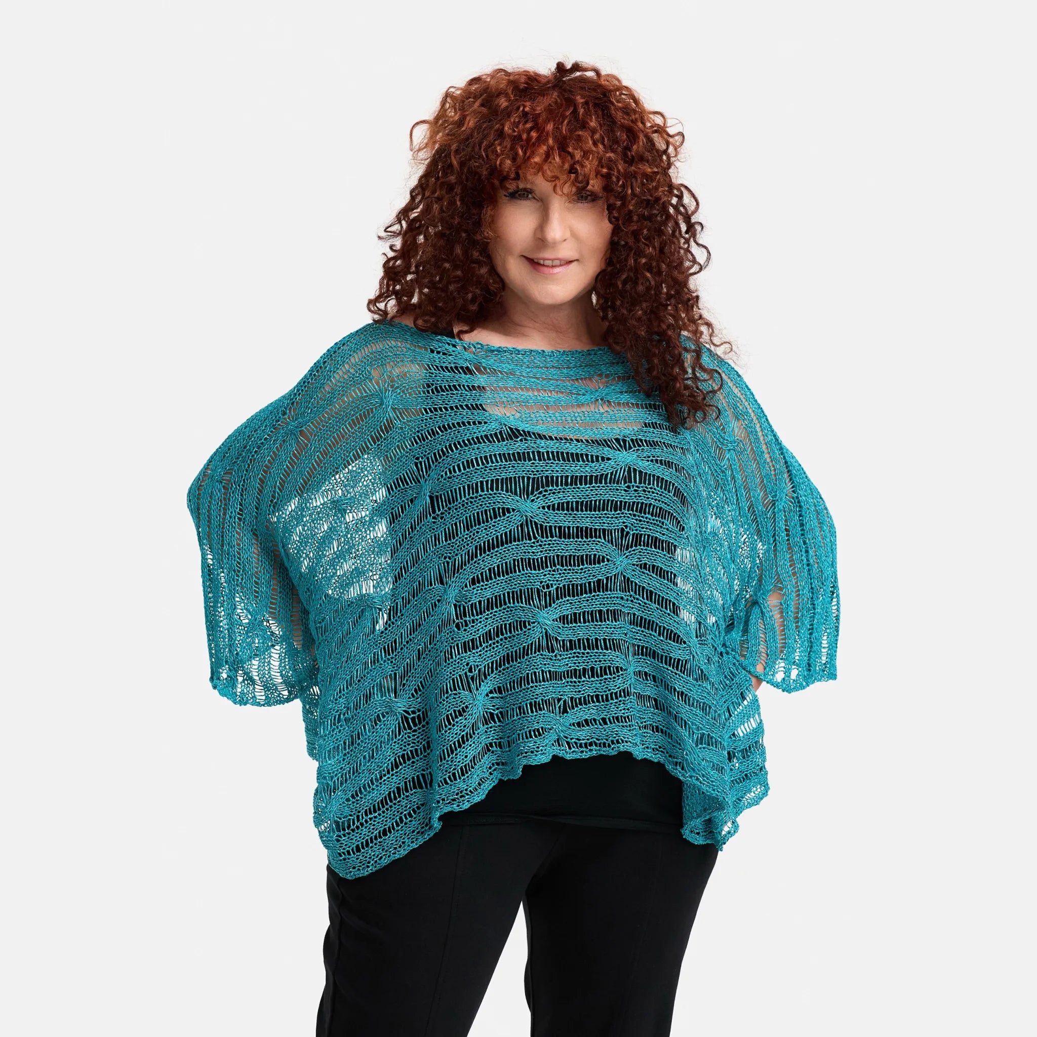  Amandine Pullover in kastiger Form, aus Baumwolle, A2805, Türkis, Schick, Modern, Bequem