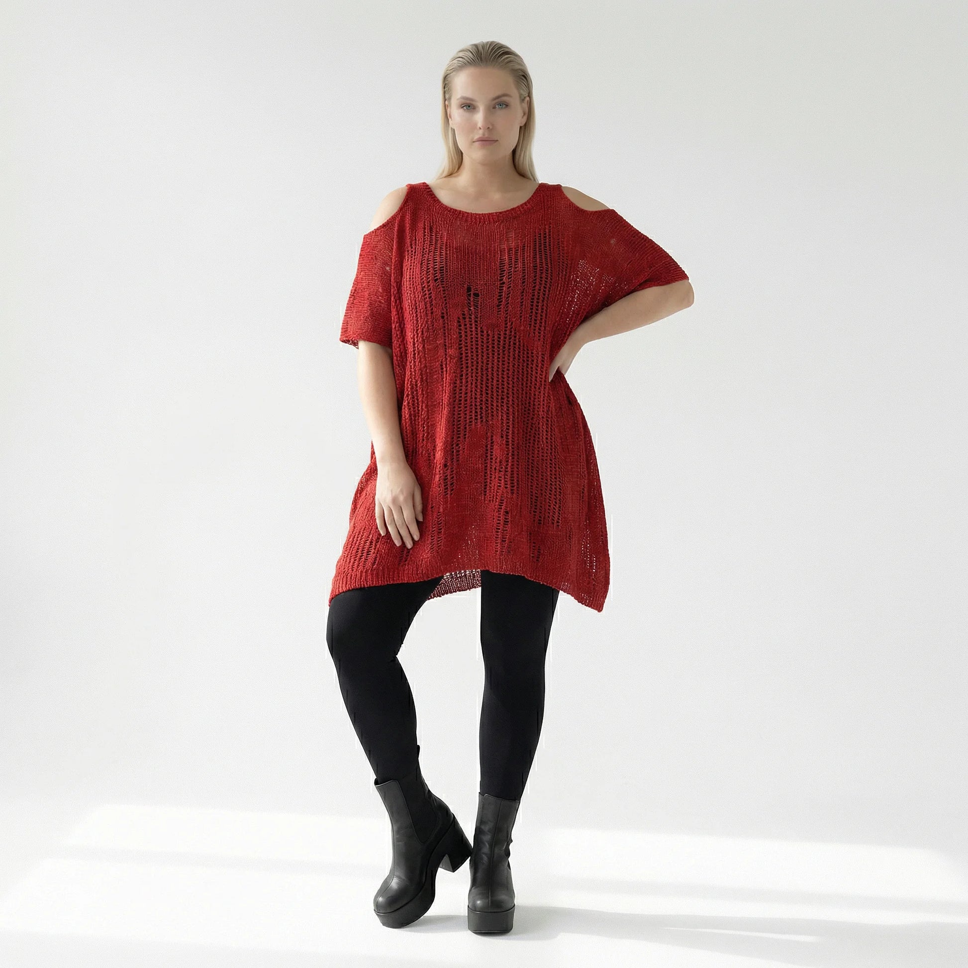  Amandine Pullover in kastiger Form, aus Baumwolle, A2807, Rot, Schick, Modern, Bequem