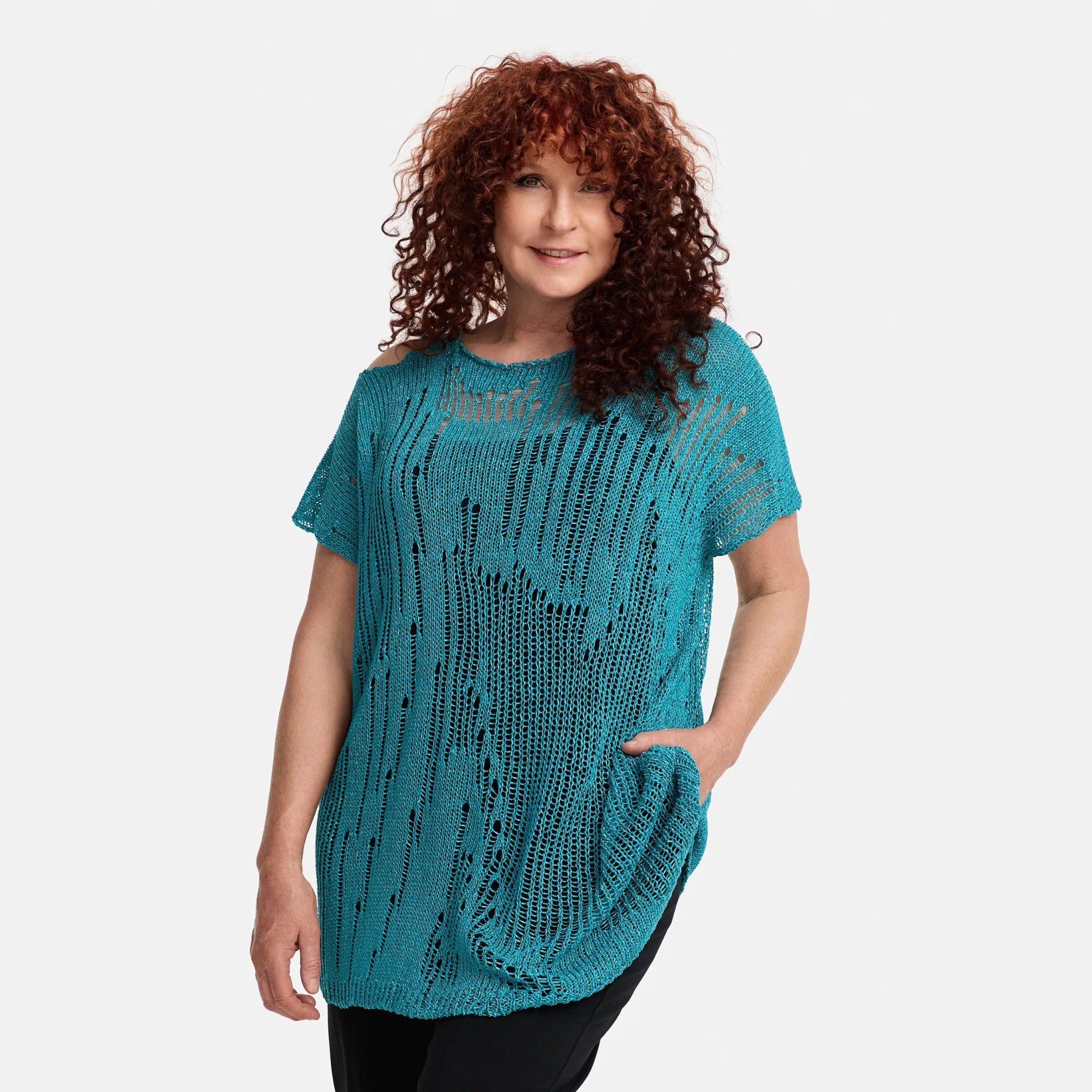  Amandine Pullover in kastiger Form, aus Baumwolle, A2807, Türkis, Schick, Modern, Bequem