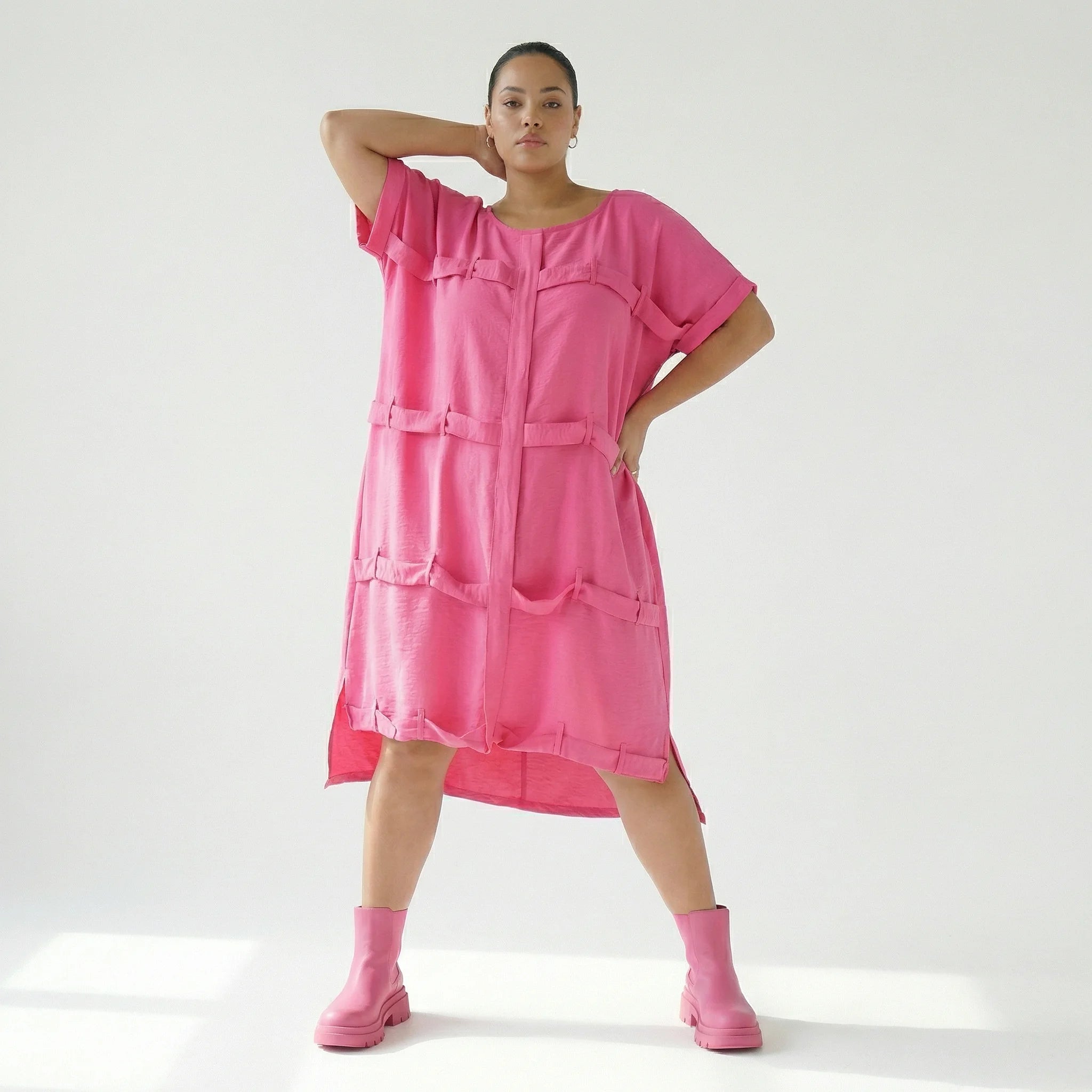  Bukezy Kleid in gerader Form, aus Baumwolle, 1654, Pink, Ausgefallen, Zeitlos, Schick