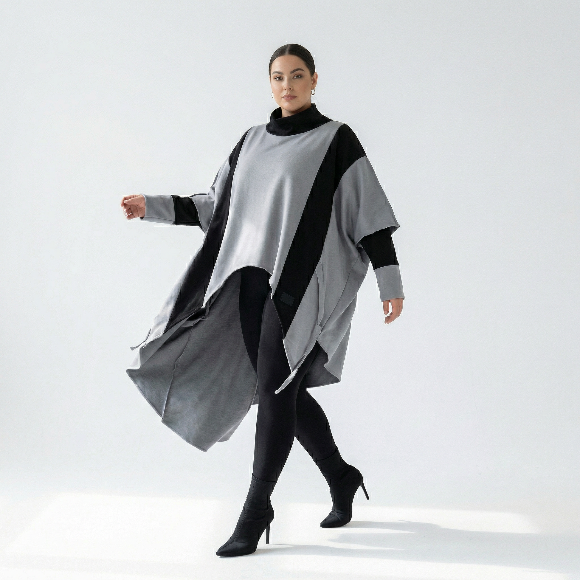  Bukezy Tunika in Vokuhila-Form, aus Baumwolle, 2004, Grau/Schwarz, Ausgefallen, Zeitlos