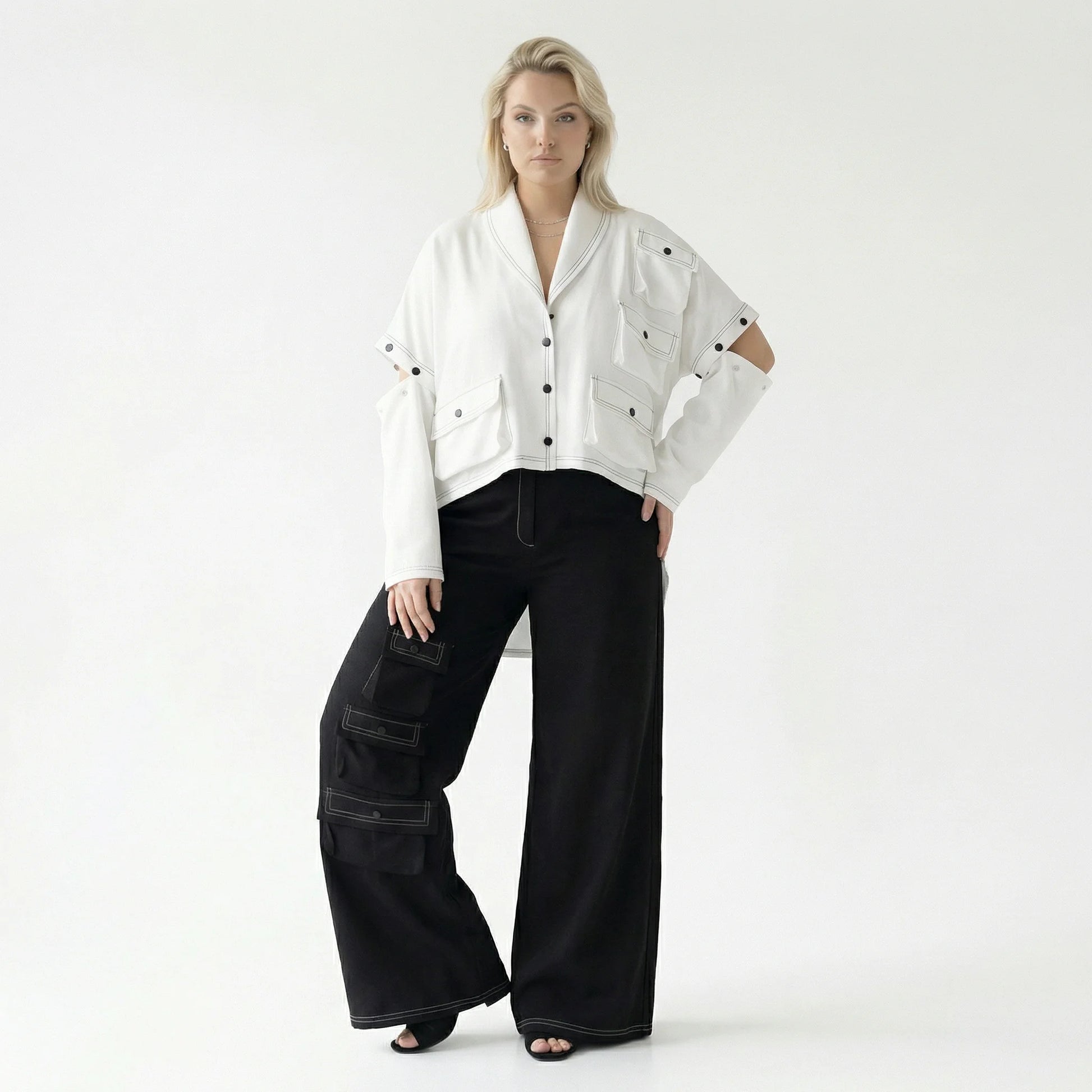  Bukezy 2-Teiler in gerundeter Form, aus Baumwolle, 2085, Weiß/Schwarz, Ausgefallen, Schick