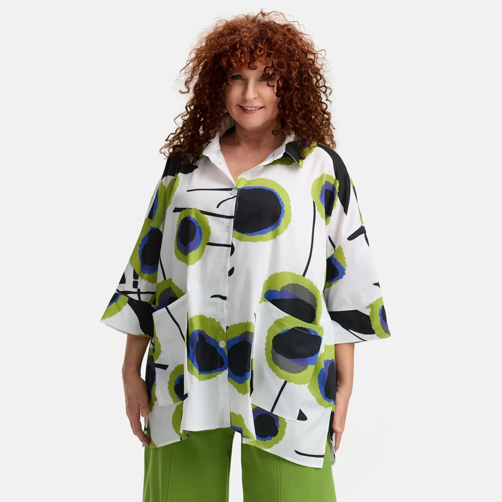 Do Your Best Bluse in gerader Form, aus Baumwolle, D919, Weiß/Grün, Abstrakt, Schick