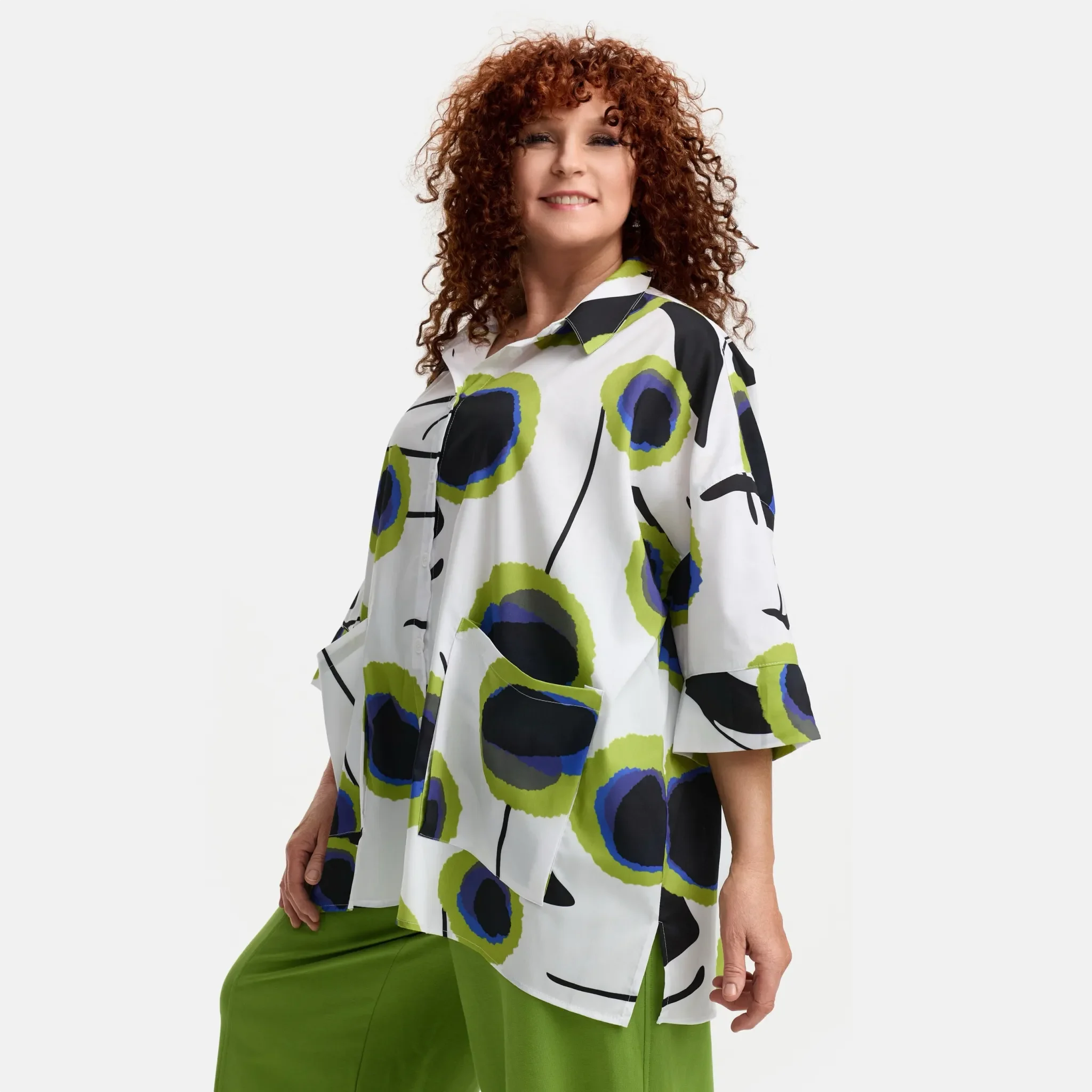  Do Your Best Bluse in gerader Form, aus Baumwolle, D919, Weiß/Grün, Abstrakt, Schick