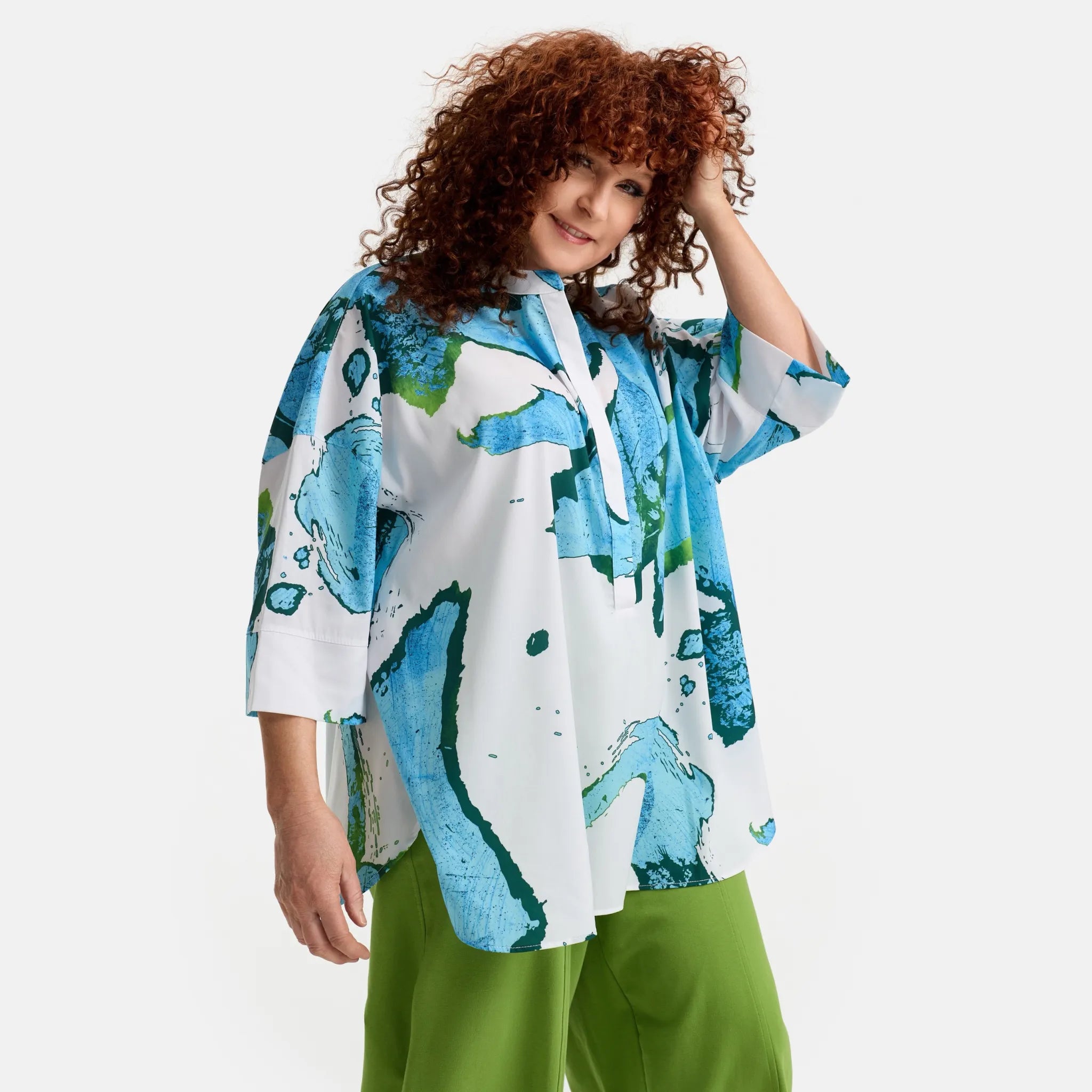  Bluse von Do Your Best aus Baumwolle, D920, Weiß/Türkis, Abstrakt, Schick, Modern, Bequem