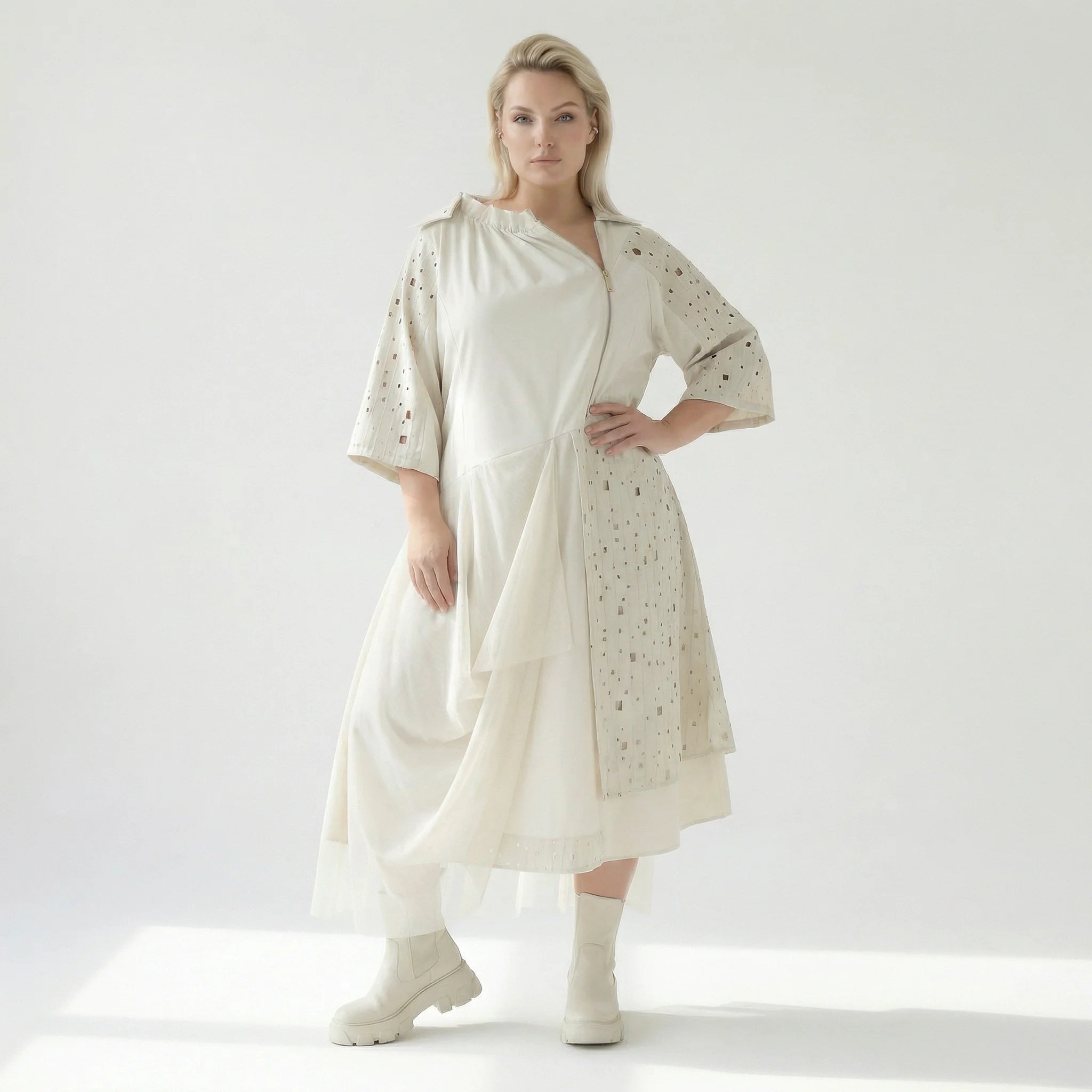  A-Form Kleid von H4 Fashion aus Polyamid, 8022, Ecru, Ausgefallen, Zeitlos, Schick