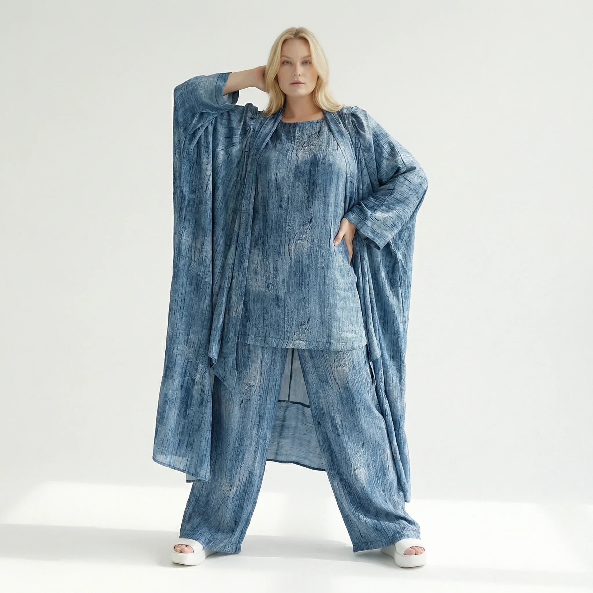 3-Teiler Damen Set B-ONE Blau Oversize Cardigan Shirt Hose Baumwolle Jersey Made in Türkei – EU 40/50 – Lagenlook