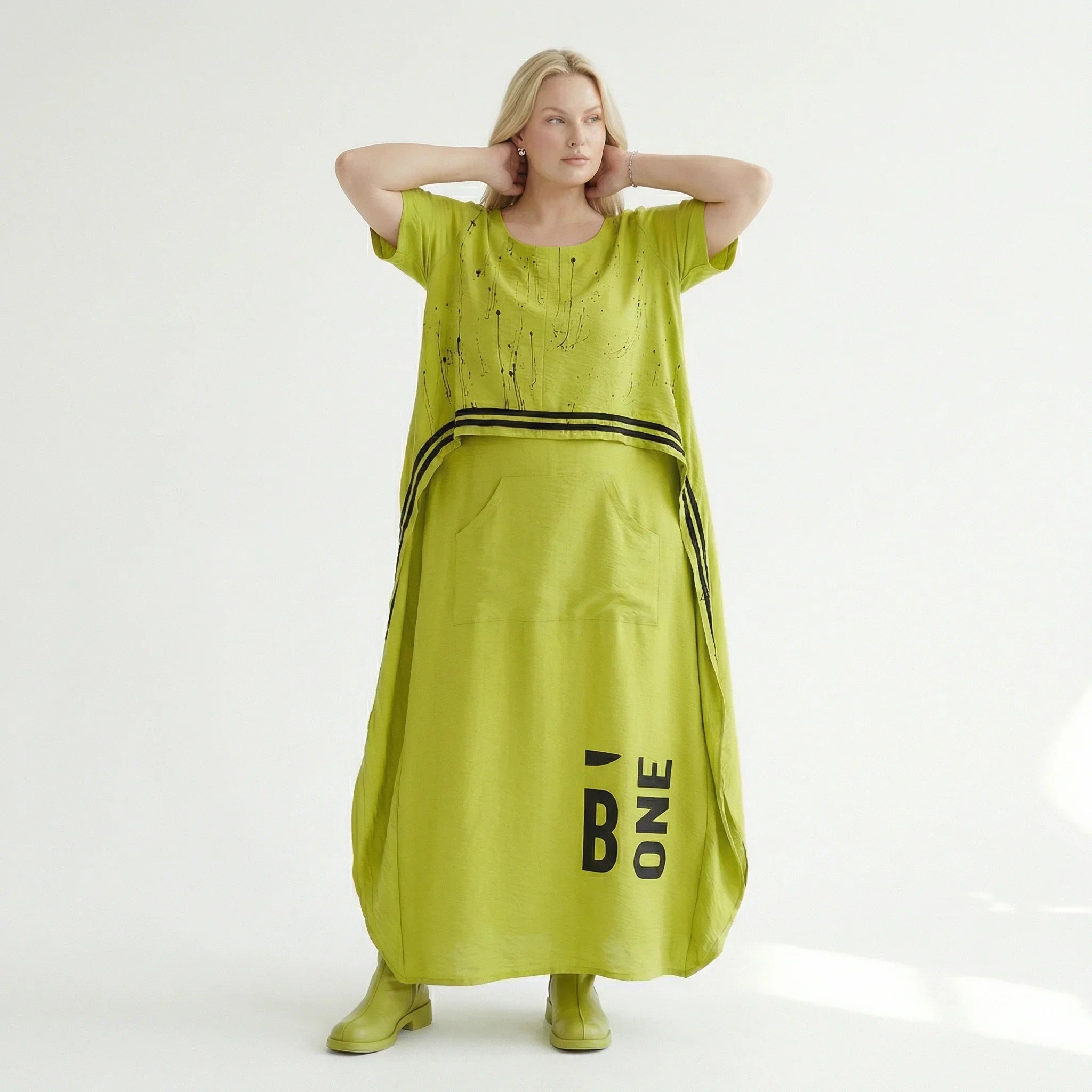 Avantgarde Kleid Damen B-ONE Neon Chartreuse Schwarz Print Baumwolle Oversized EU 40 bis 50 Maxikleid Statement