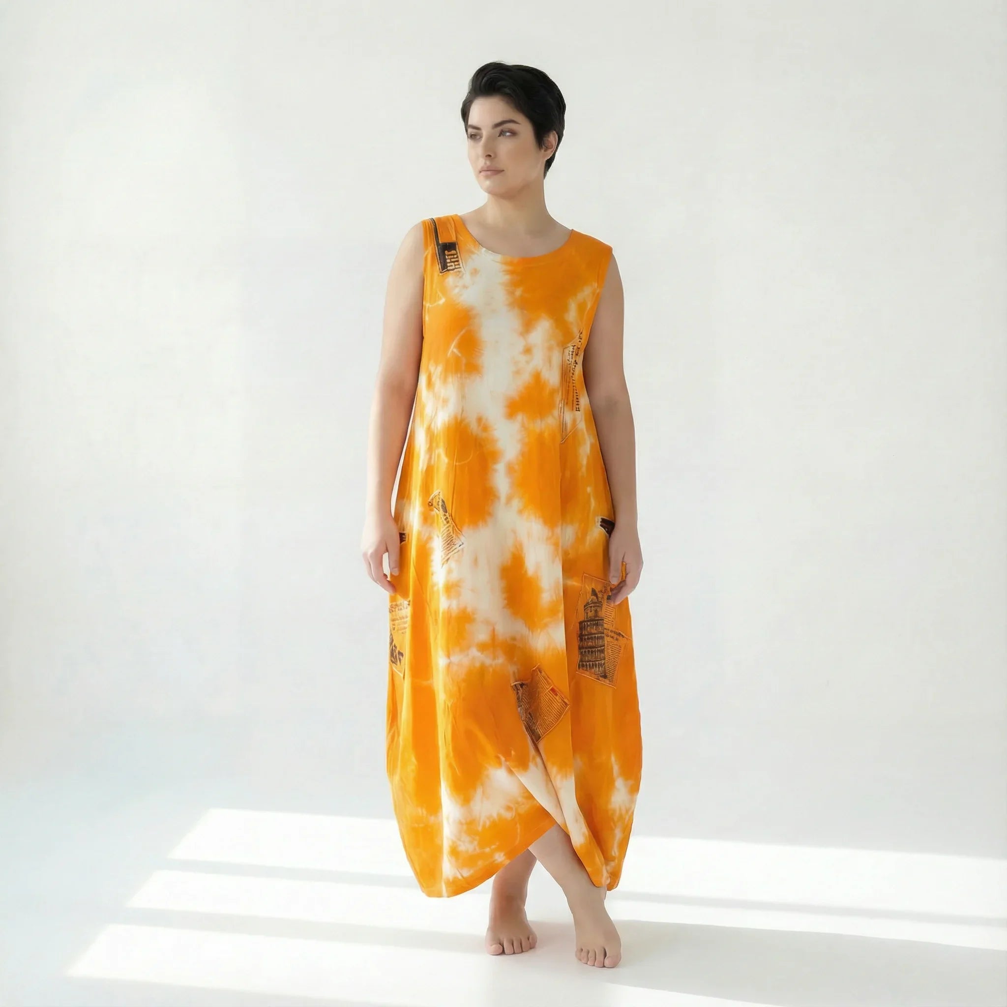 B-ONE Damen Batik Maxikleid Orange Weiß aus Baumwolle, Made in Türkei, Größen EU 36/46, Sommerkleid Avantgarde