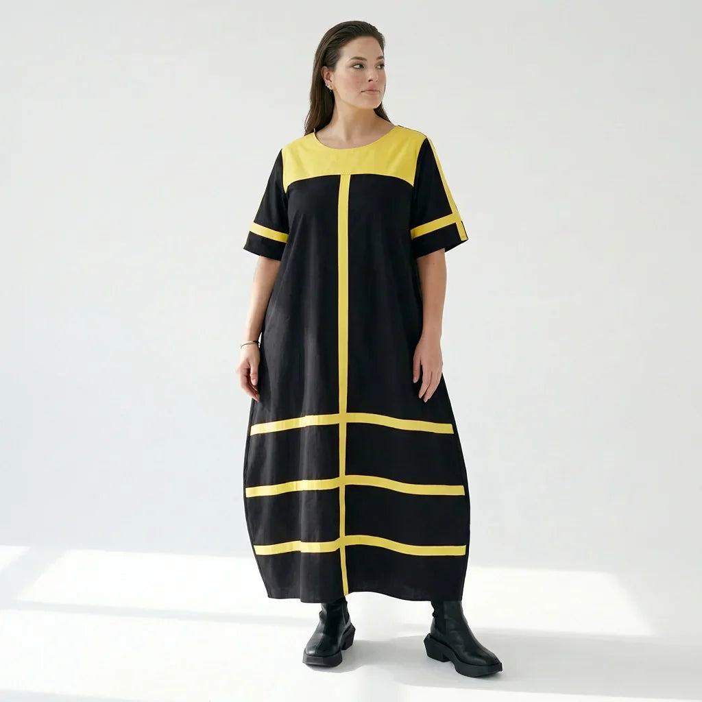 Cadrelli Damen Maxikleid schwarz gelb, Avantgarde Oversize Kleid aus Viskose-Lycra, EU 42 bis 54