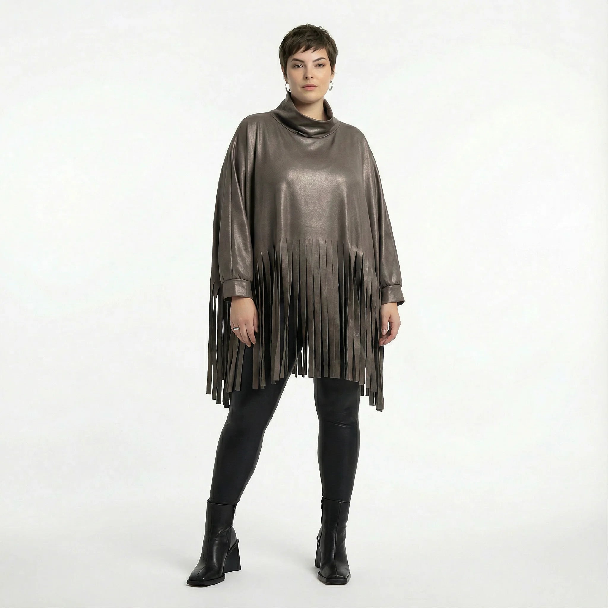  AKH Premium Bigshirt in kastiger Form, aus Materialmix, P1027.7182, Braun, Ausgefallen