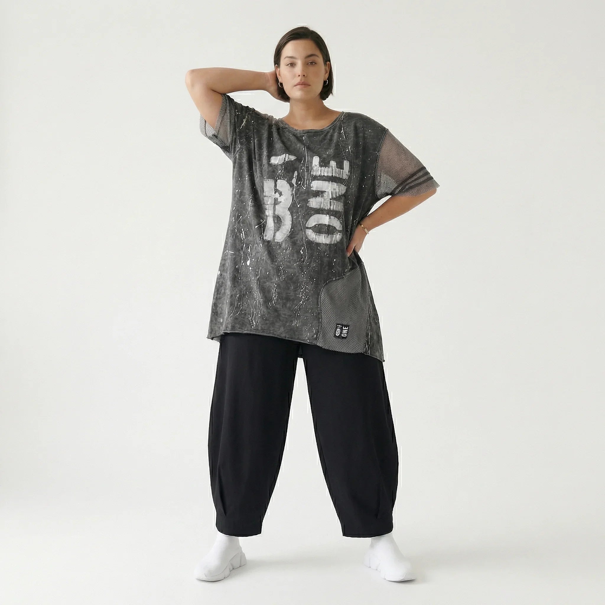 Tunika Damen Oversize B-ONE Grau Schwarz Print Mesh Jersey luftig stretch EU 38 bis 48 Lagenlook