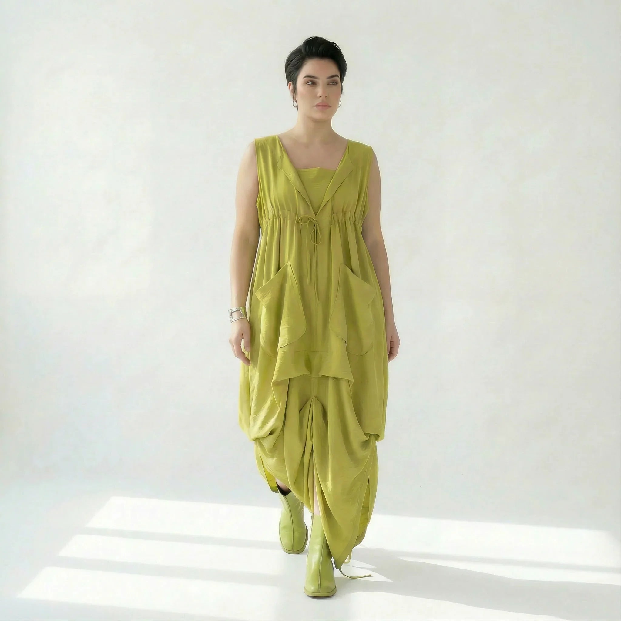 Caraclan Damen Kleid Chartreuse Viskose Baumwolle, Oversized Ballonschnitt, EU 38 bis 50 – Avantgarde Sommerkleid