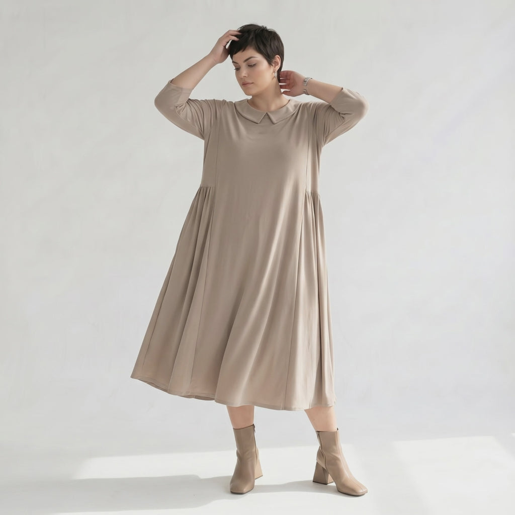 Ausgefallenes Ballonkleid im lässigen Lagenlook Oversize, stretch glatt und figurfreundlich, Beige