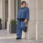 Jeansblaue Ballonhose aus Stretchdenim mit Dehnbund aus Baumwolle und Elasthan Basic