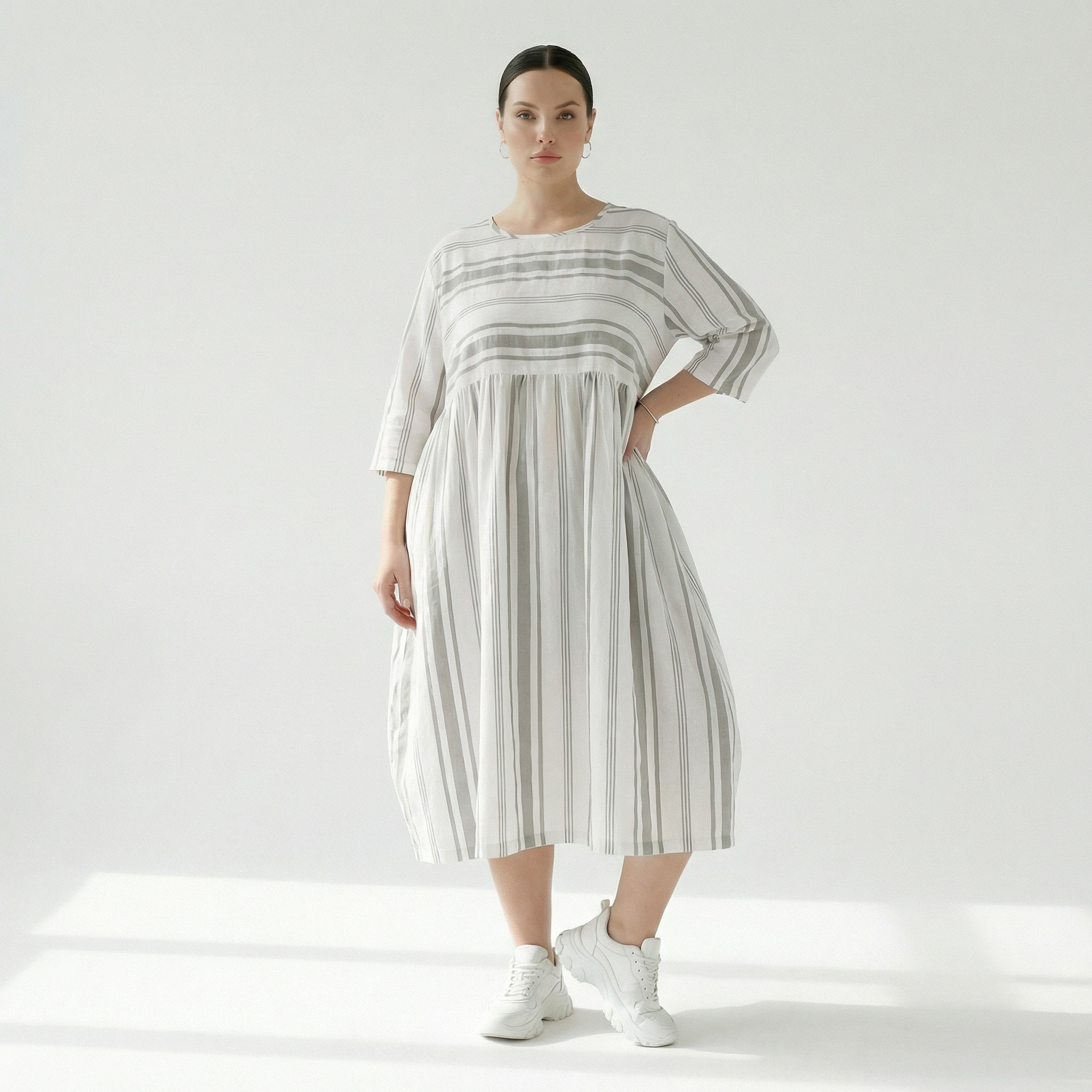 Ballonkleid von AKH Fashion aus Baumwolle, 1420.06698, Weiß/Kiwi, Blockstreifen, Schick