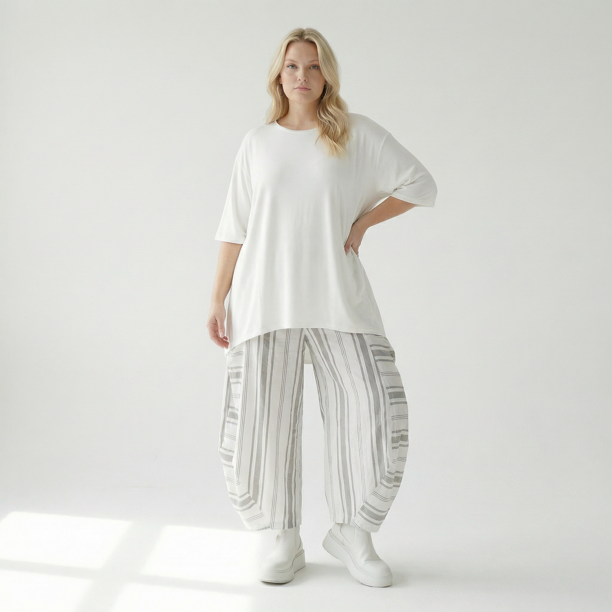 Ballonhose von AKH Fashion aus Baumwolle, 1420.08069, Weiß/Kiwi, Blockstreifen, Schick