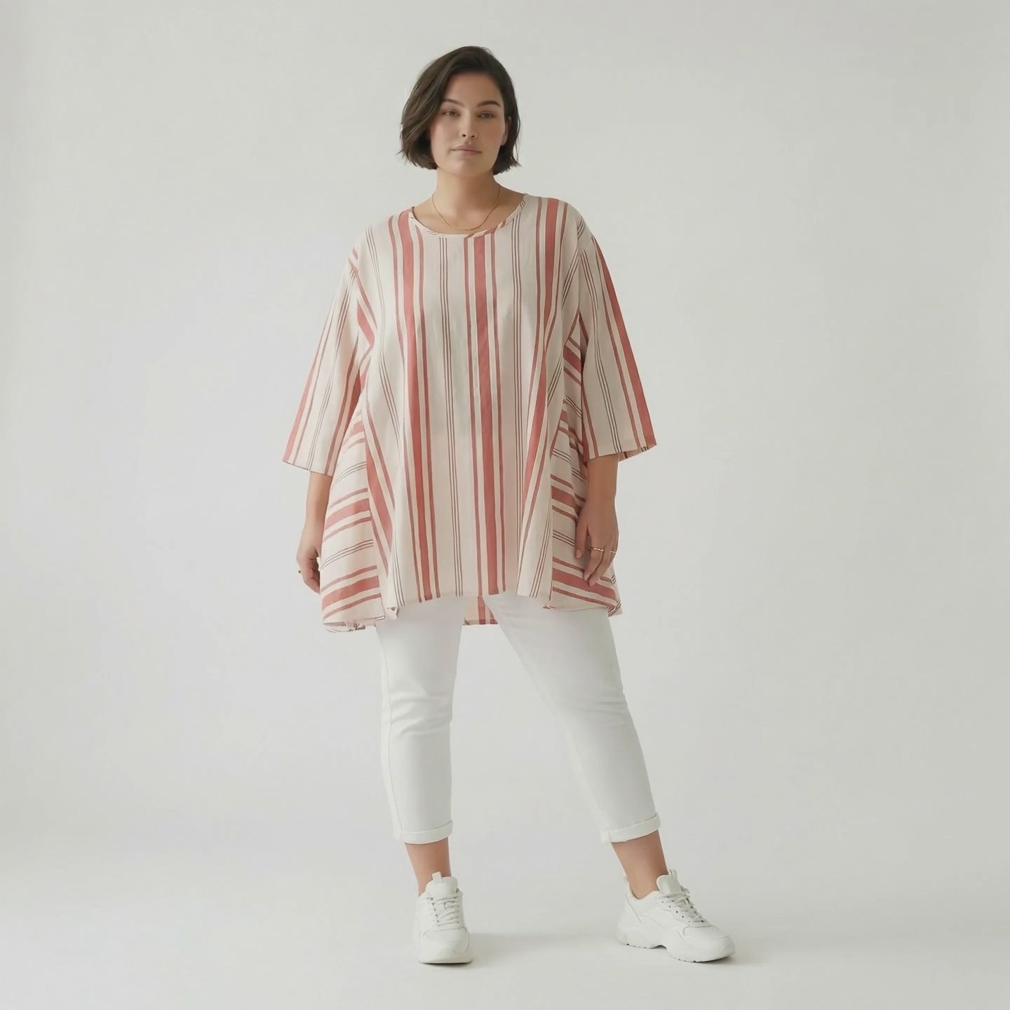 A-Form Bigshirt von AKH Fashion aus Baumwolle, 1420.00593, Weiß/Apricot, Blockstreifen