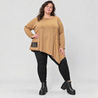 Warmes Langarmshirt in Camel mit asymmetrischem Zipfelsaum aus weichem Jersey mit Stretch