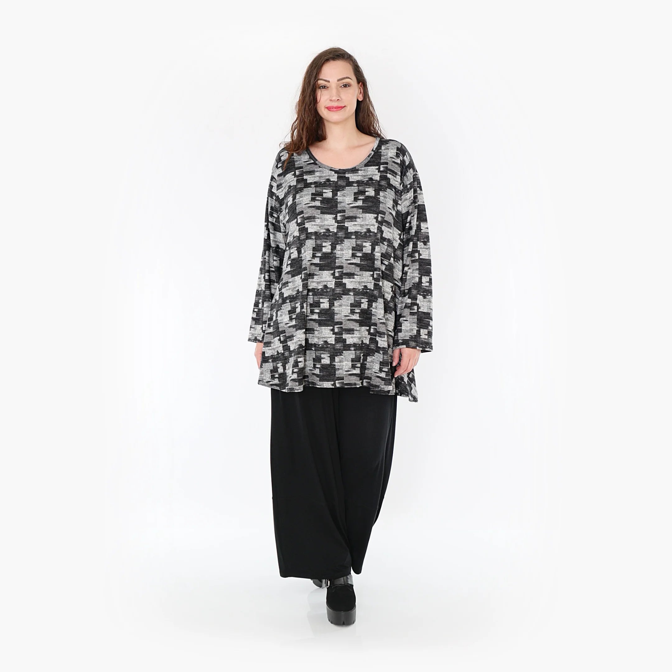 AKH Fashion Shirt in Glocken-Form, aus Materialmix, 1375.01892, Dunkelgrau-Grau, Kariert