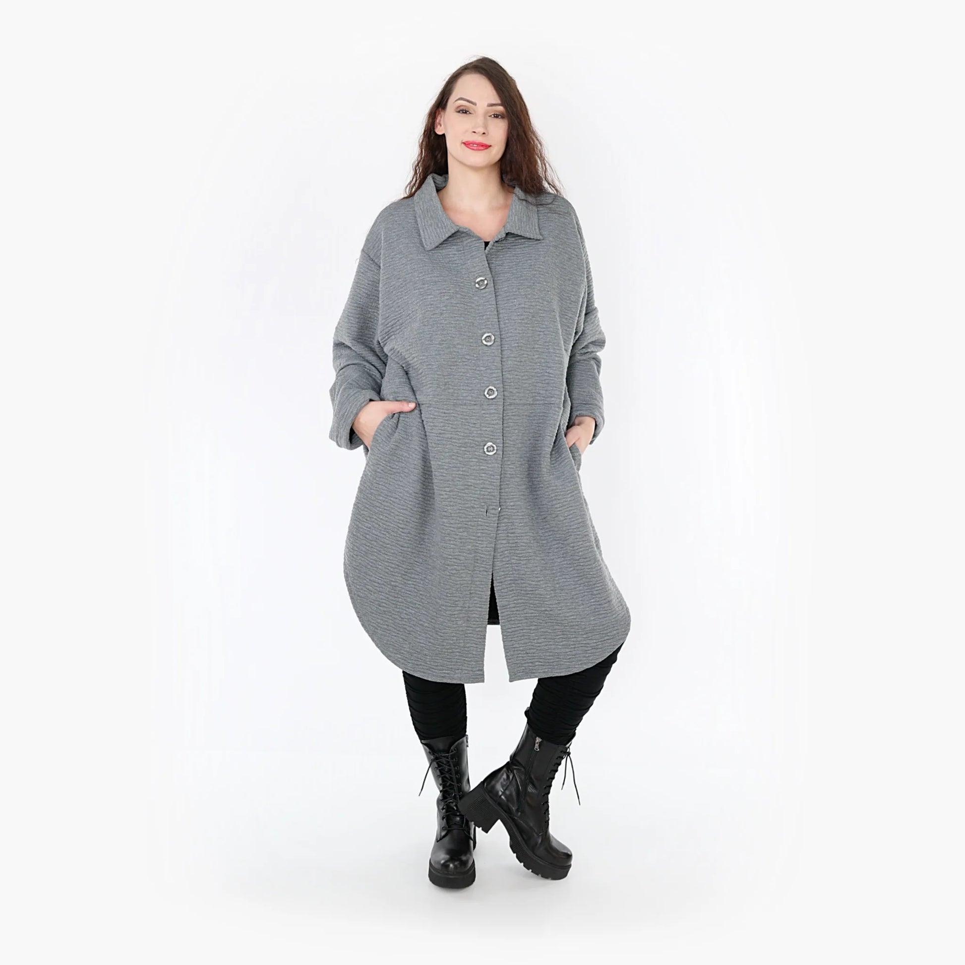 Bluse von AKH Fashion aus Materialmix in gerundeter Form, 1347.06881, Grau, Ausgefallen