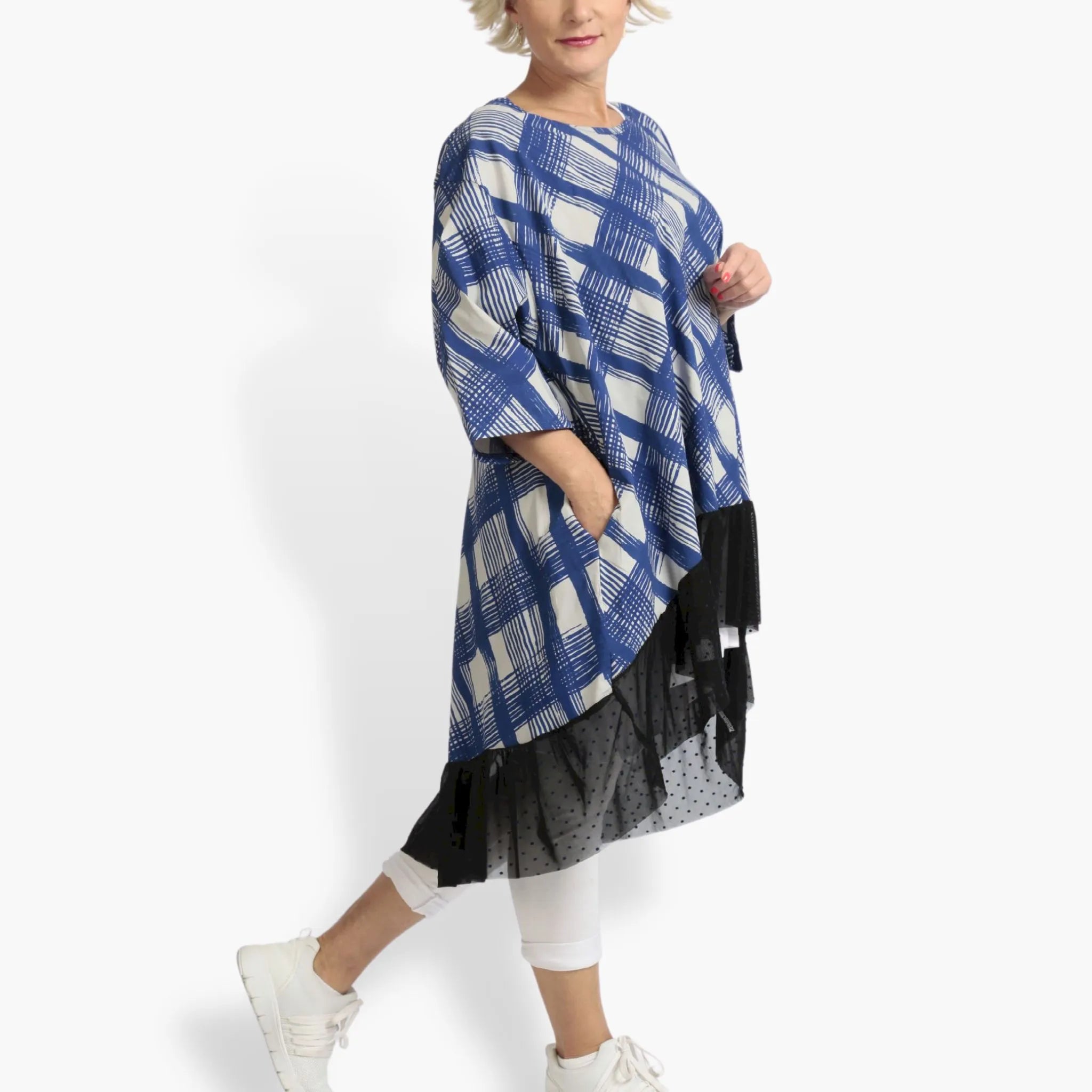  AKH Fashion Bigshirt in gerundeter Form, aus Viskose, 1089.06837, Blau-Grau, Kariert, Schick
