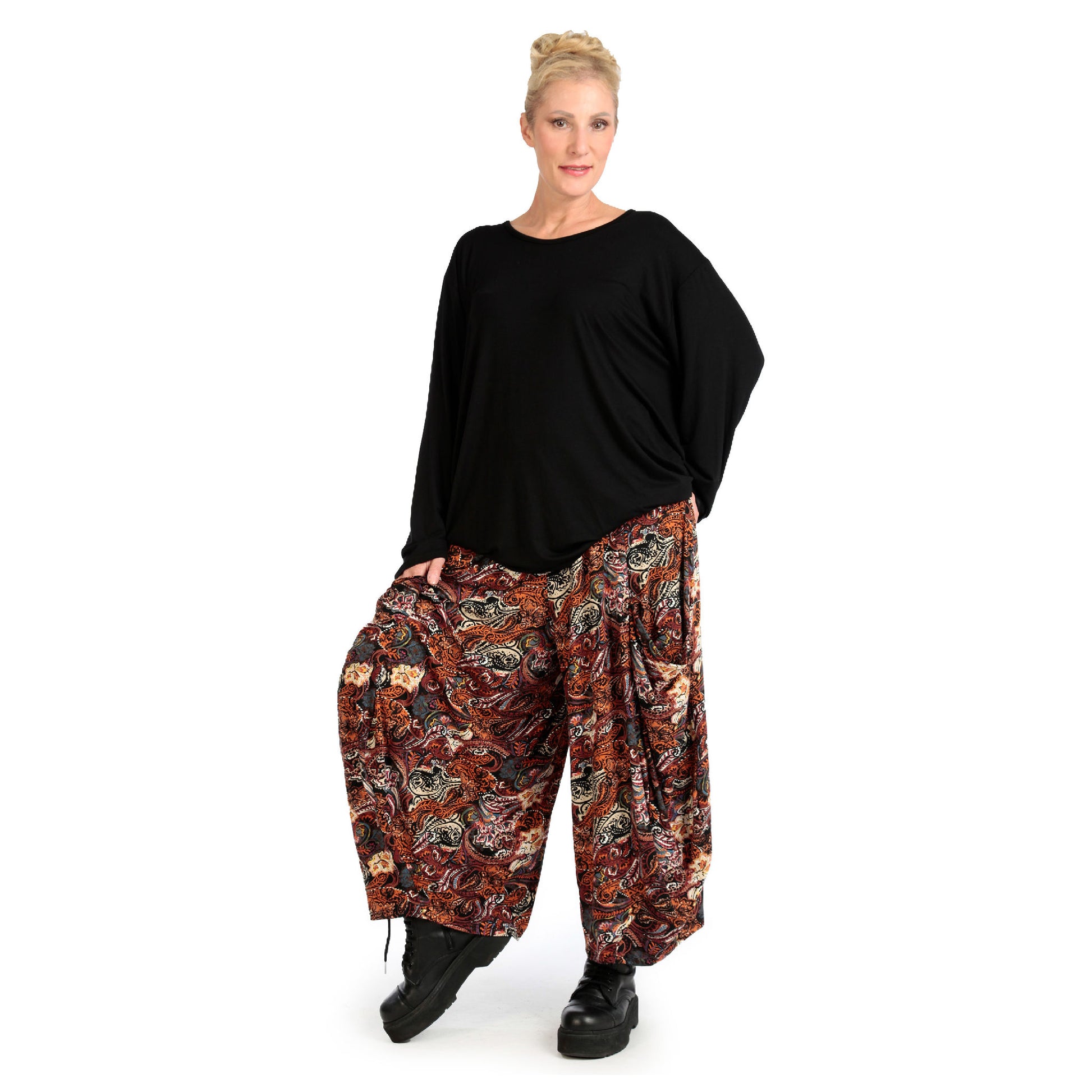  Bequeme Ballonhose in Rost mit Paisley-Muster aus softer Viskose für Plus Size Lagenlook