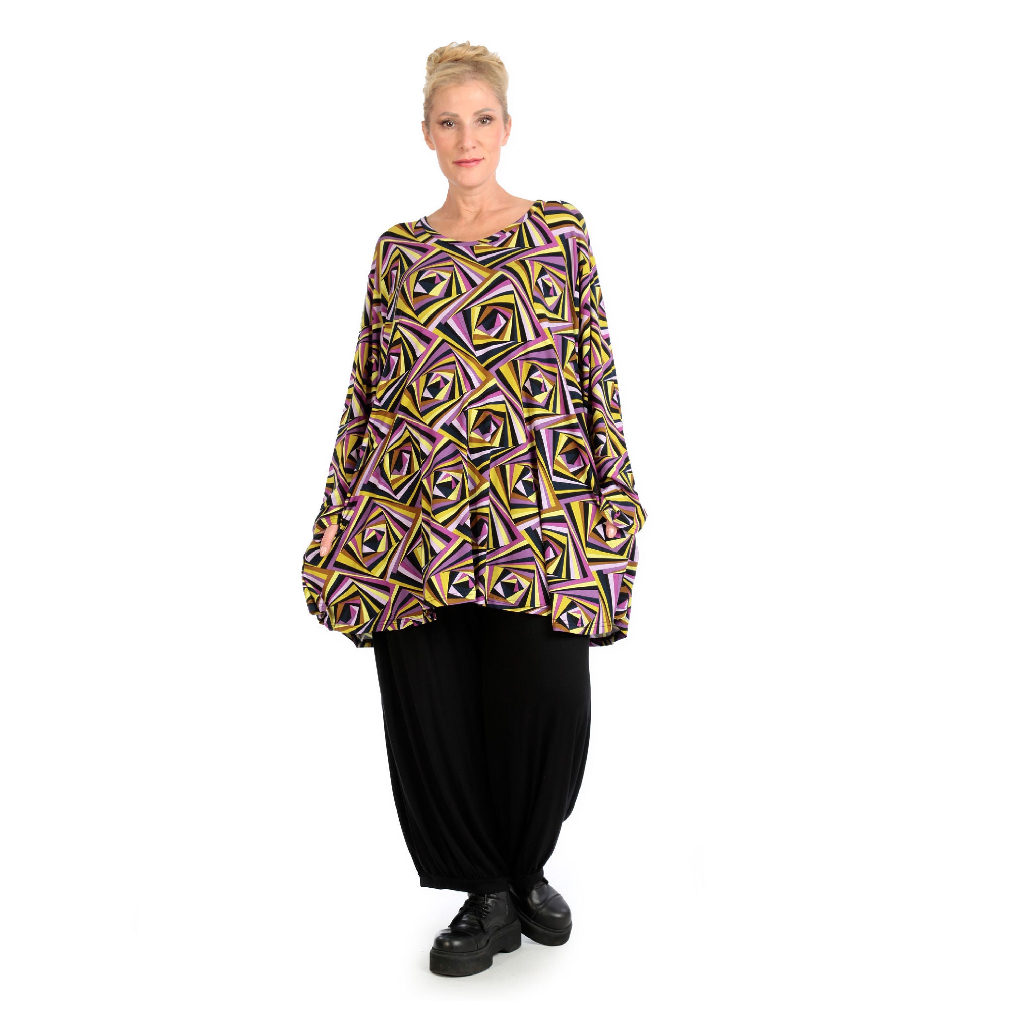  AKH Fashion Shirt in Glocken-Form, aus Viskose, 1123.01892, Lila-Gelb-Flieder, Grafik