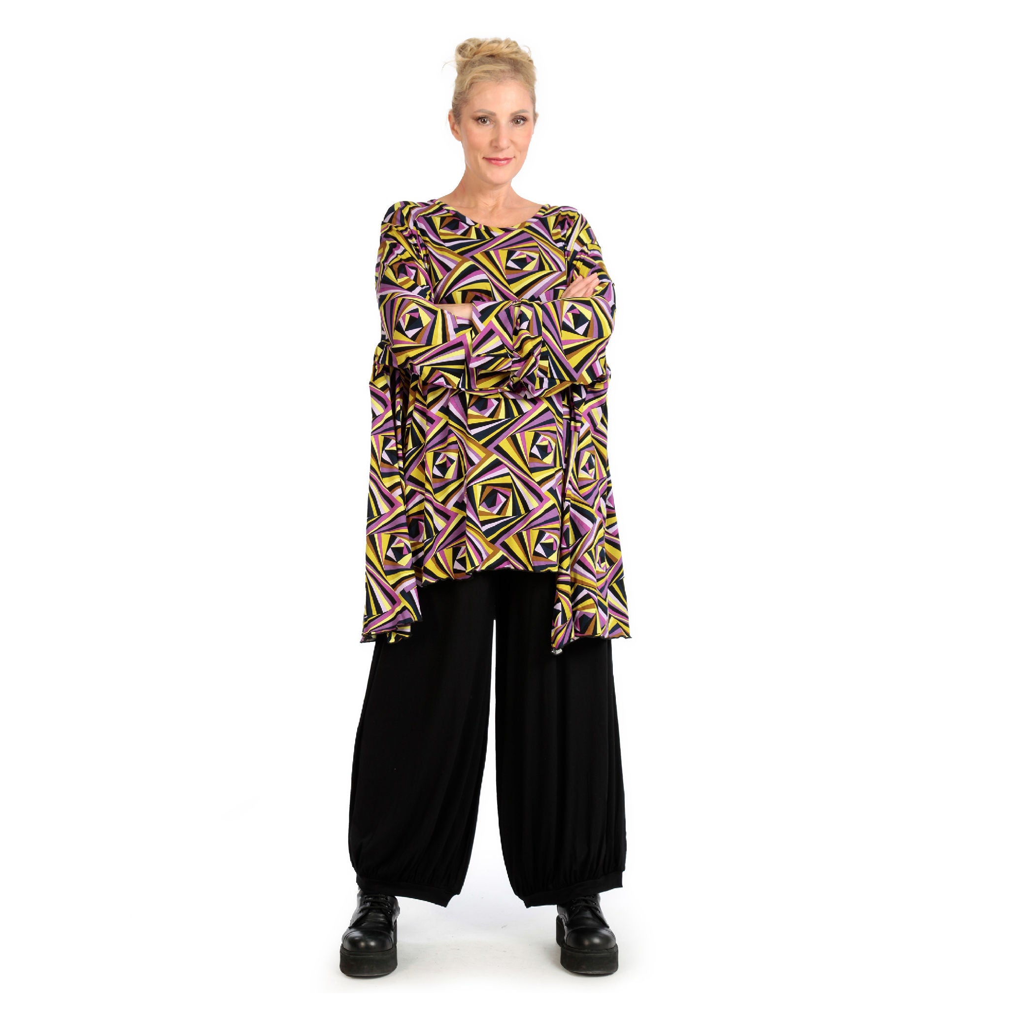  A-Form Bigshirt von AKH Fashion aus Viskose, 1123.00593, Lila-Gelb-Flieder, Grafik, Schick