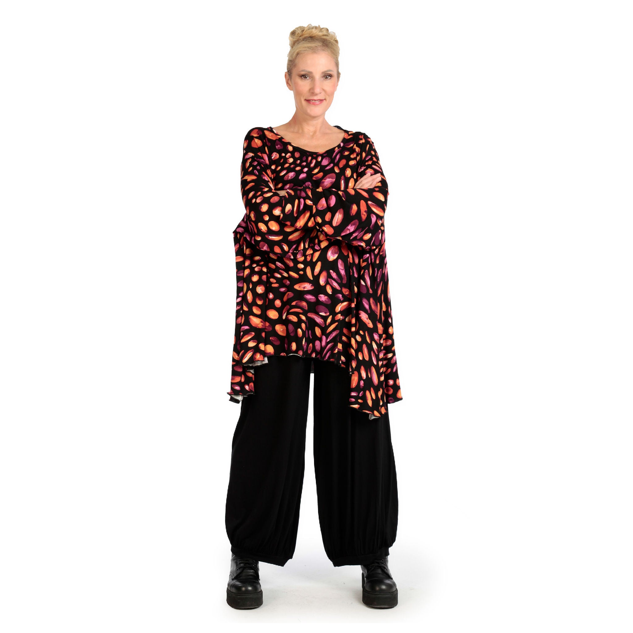  A-Form Bigshirt von AKH Fashion aus Viskose, 1124.00593, Schwarz-Rot-Fuchsia, Punkte, Schick