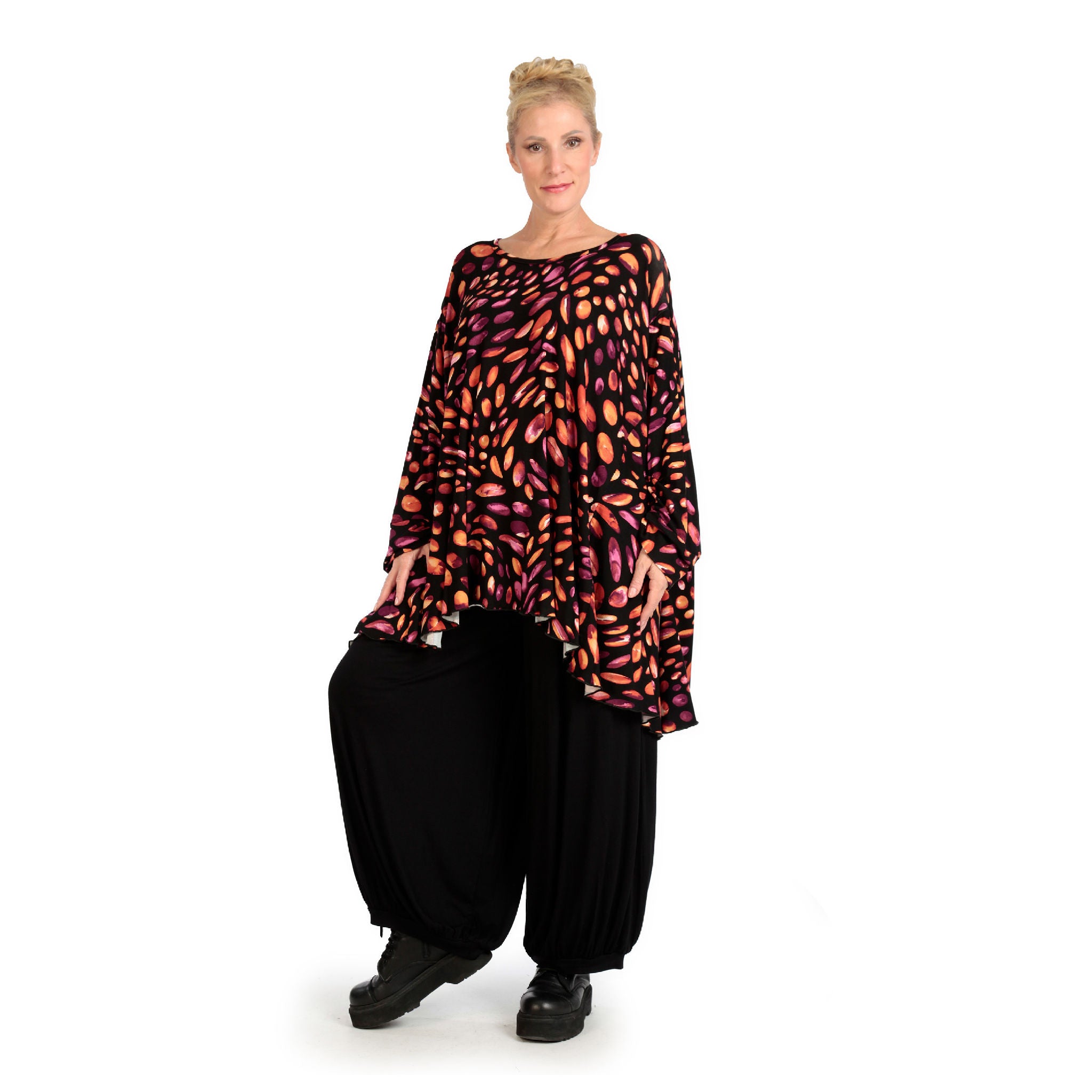  A-Form Bigshirt von AKH Fashion aus Viskose, 1124.00593, Schwarz-Rot-Fuchsia, Punkte, Schick