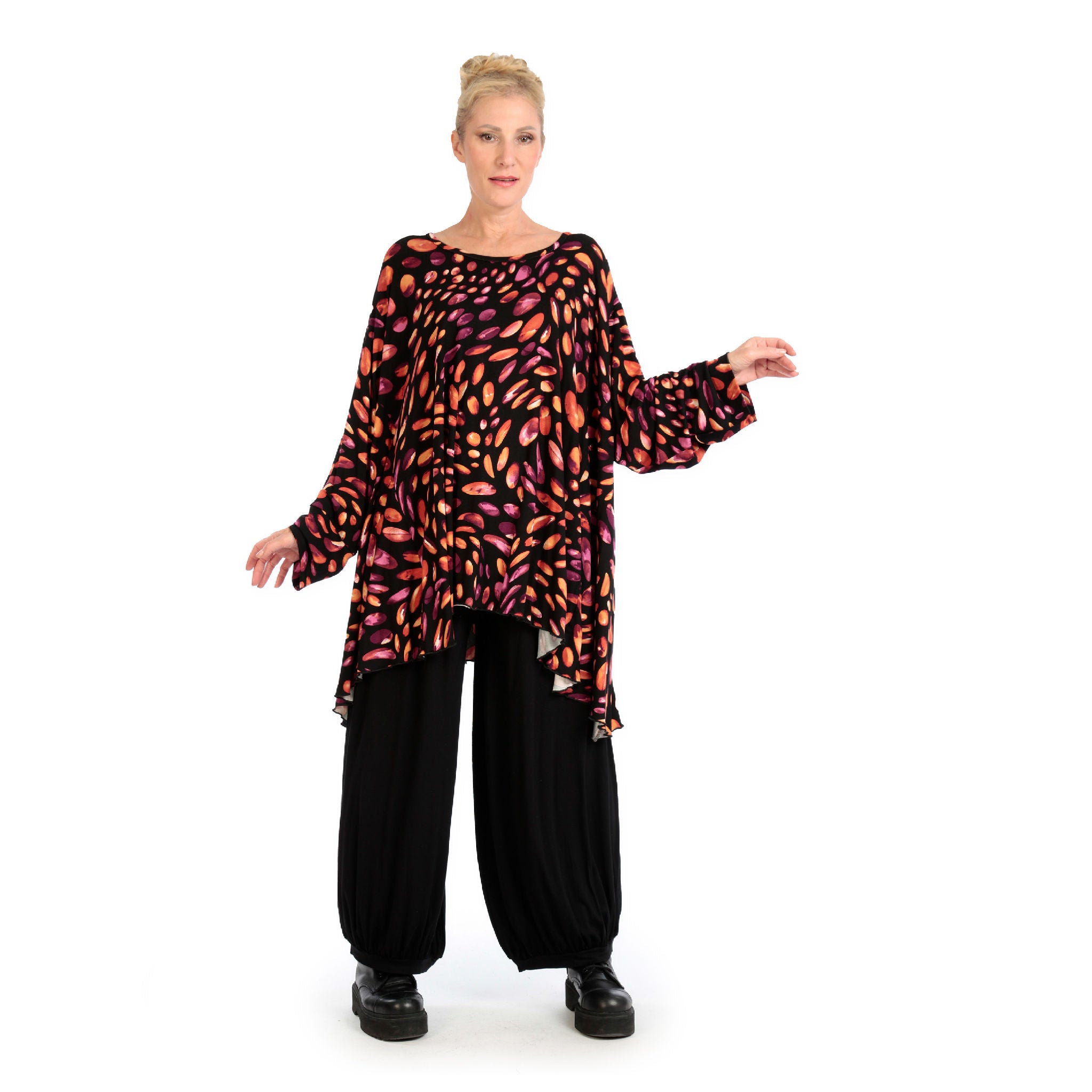  A-Form Bigshirt von AKH Fashion aus Viskose, 1124.00593, Schwarz-Rot-Fuchsia, Punkte, Schick
