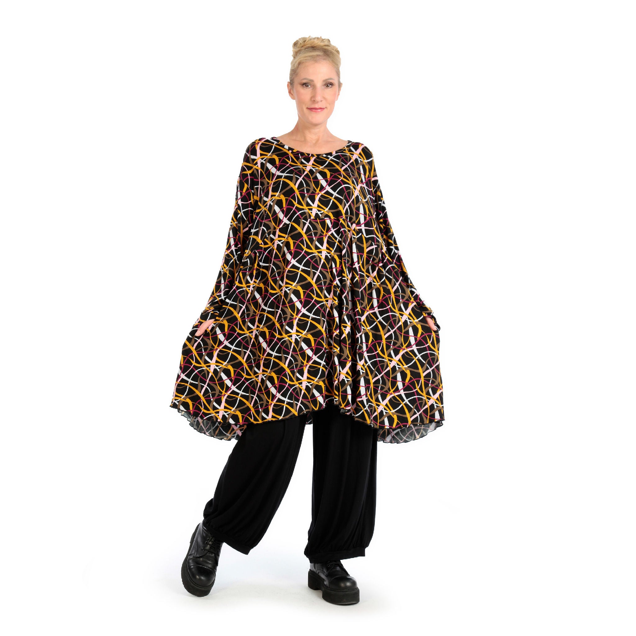  A-Form Bigshirt von AKH Fashion aus Viskose, 1127.06866, Schwarz-Gelb-Weiß, Pinselstrich