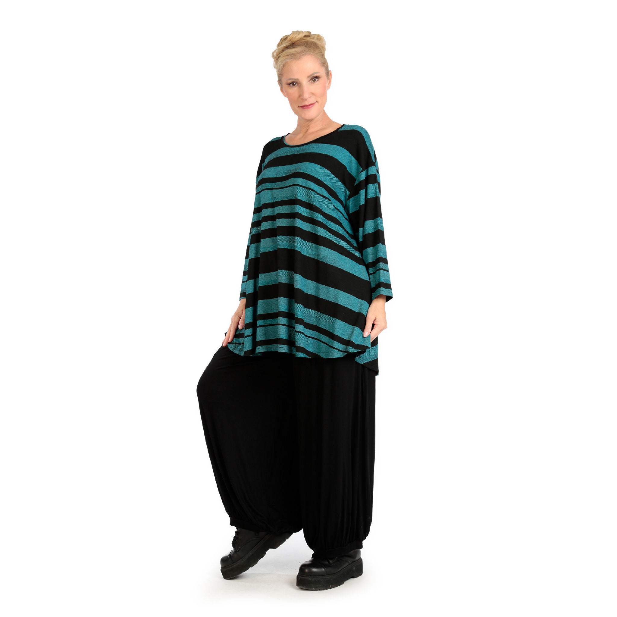  AKH Fashion Shirt in Glocken-Form, aus Viskose, 1128.01892, Blau-Schwarz, Blockstreifen