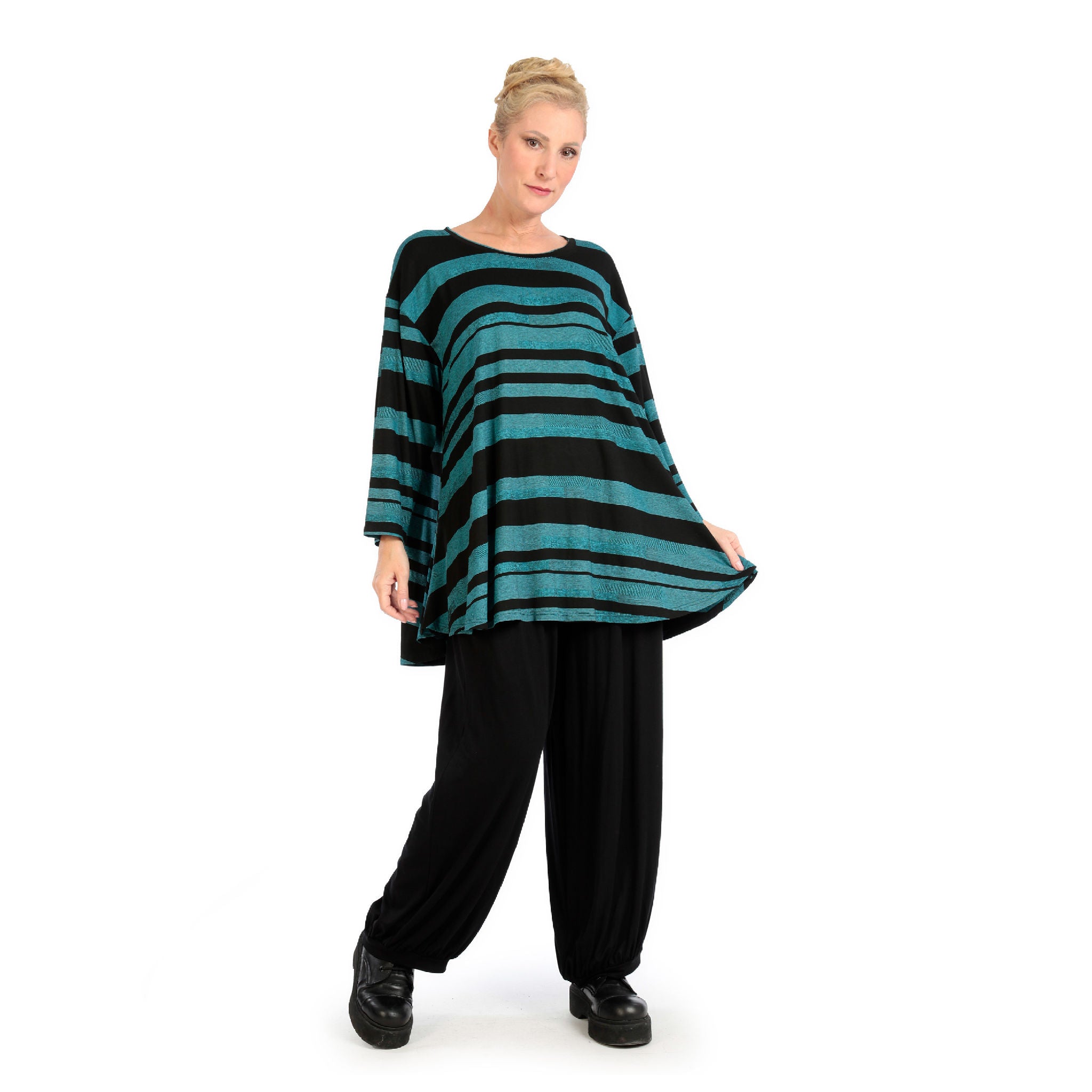  AKH Fashion Shirt in Glocken-Form, aus Viskose, 1128.01892, Blau-Schwarz, Blockstreifen