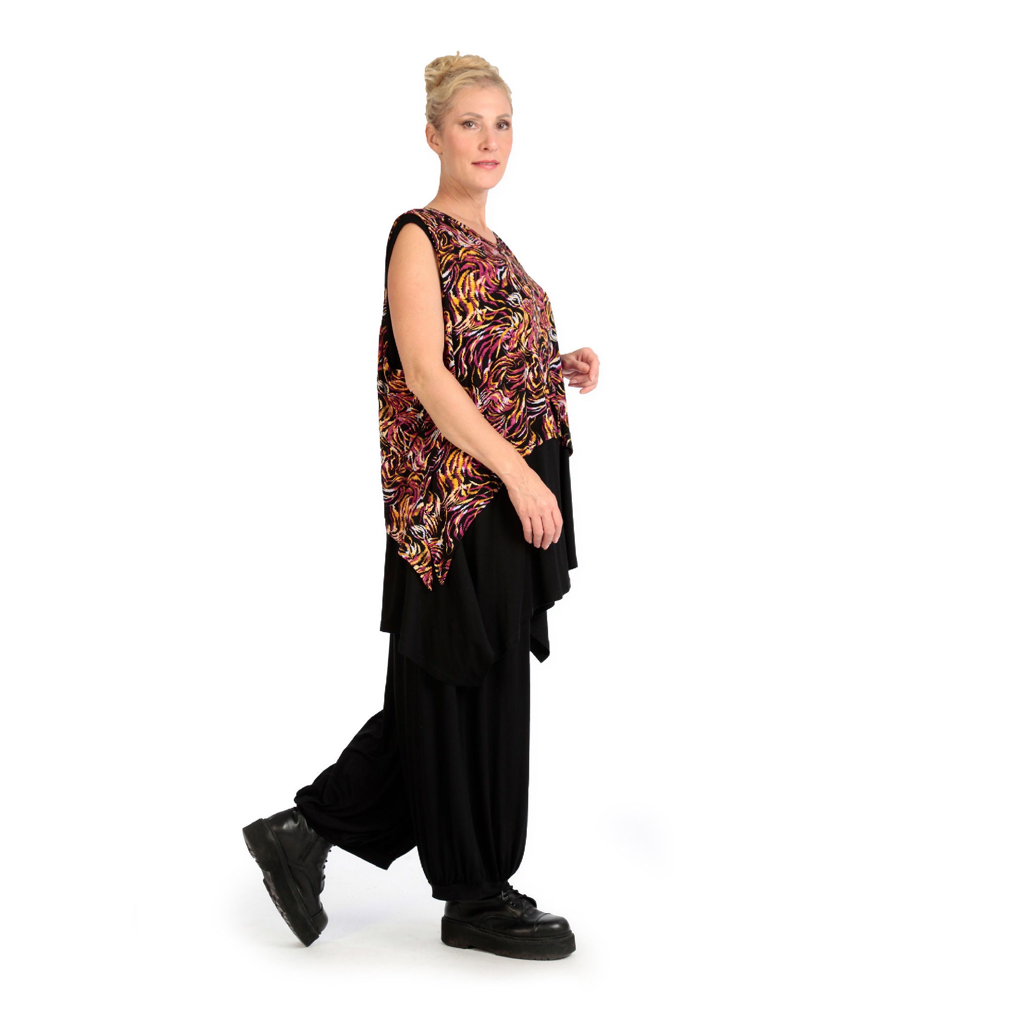  Zipfel Top von AKH Fashion aus Viskose, 1130.00428, Schwarz-Fuchsia-Gelb, Pinselstrich